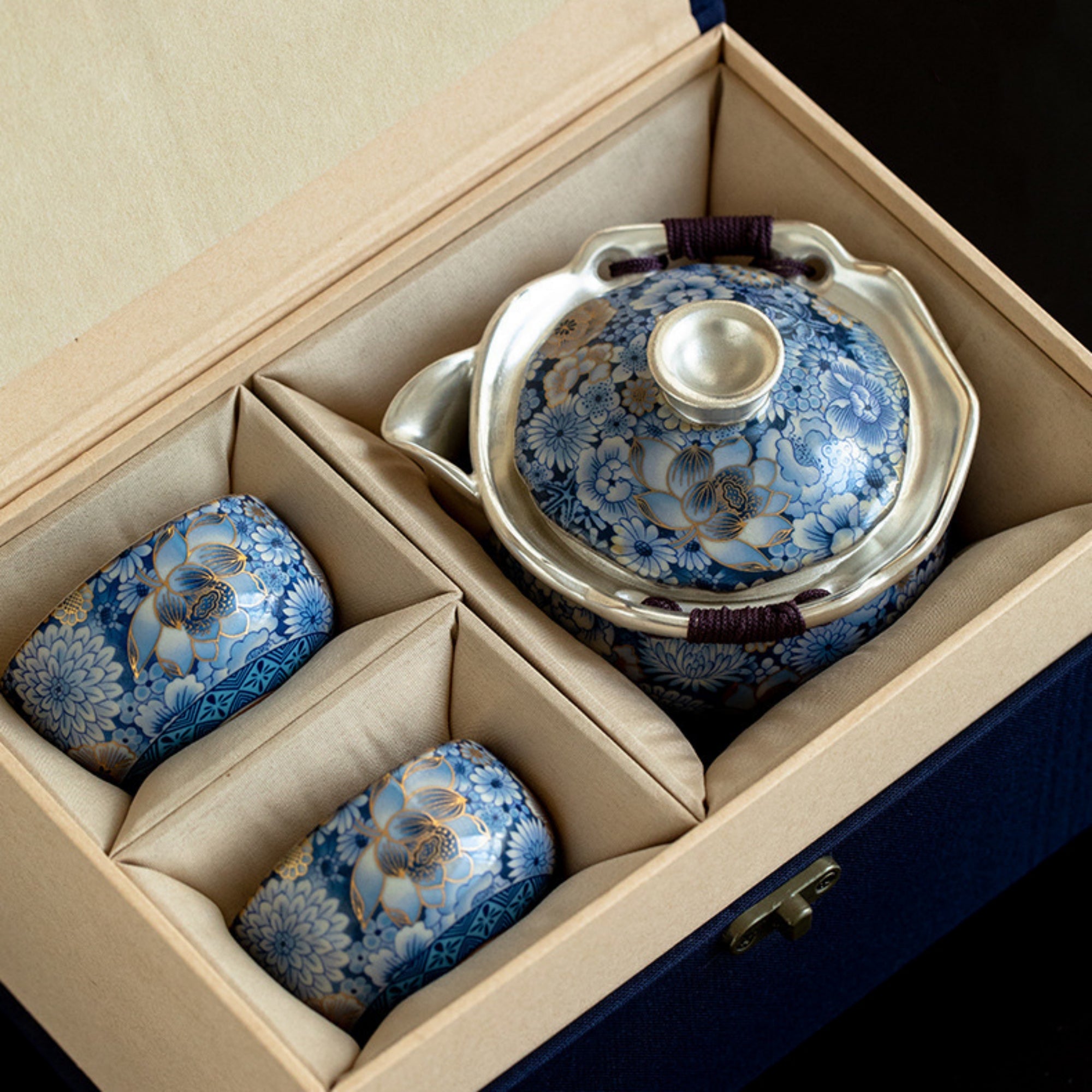 QiLing Aura Handmade Floral Silver-Plated Ceramic Tea Set