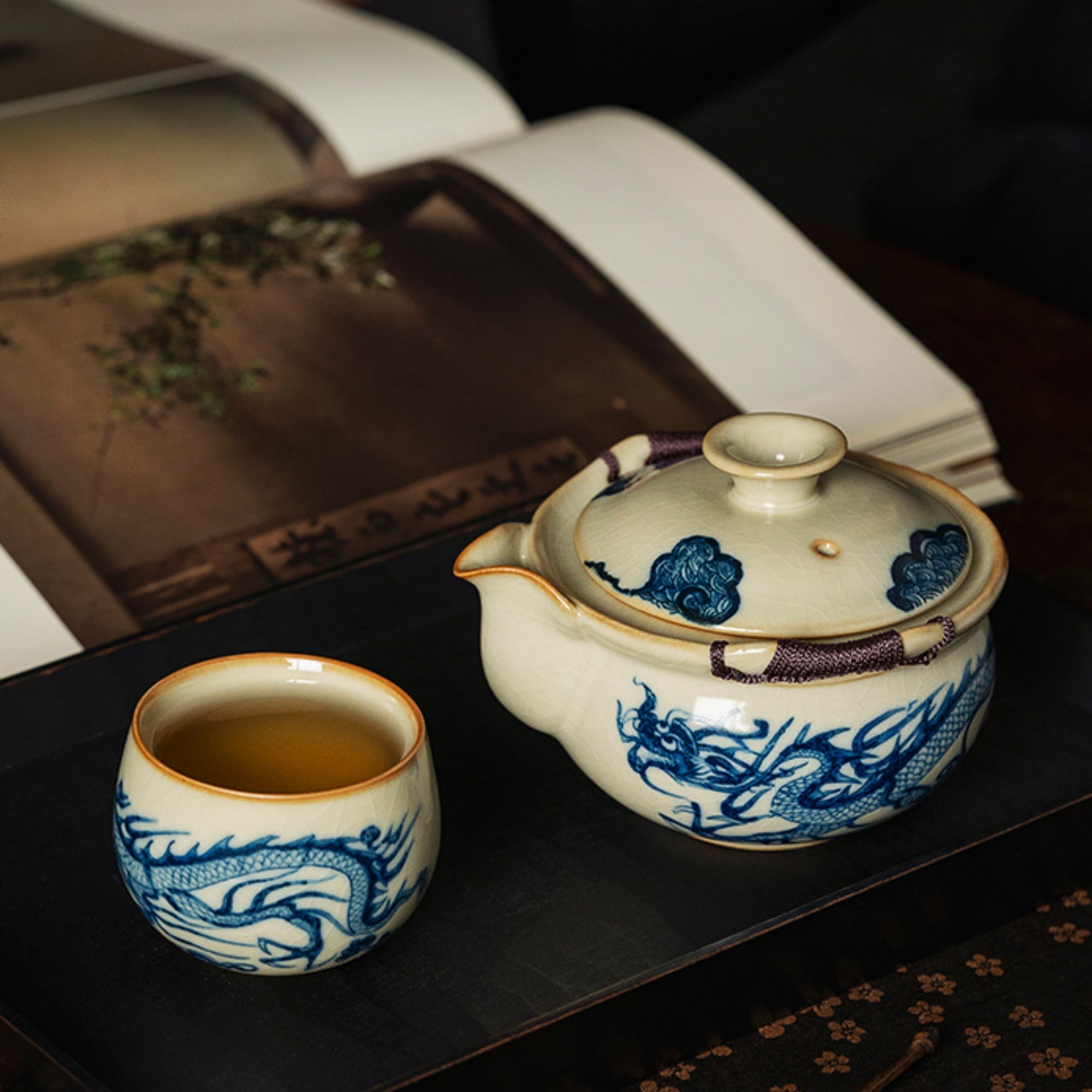 QiLing Aura Ru Kiln Blue and White Porcelain Dragon Pattern Tea Set