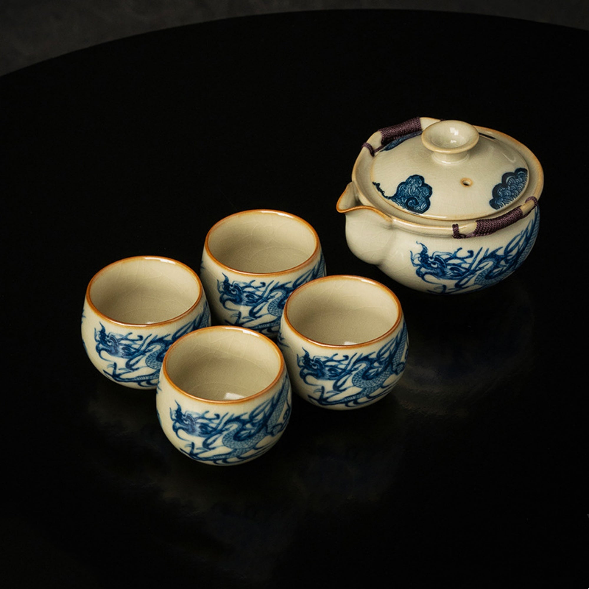 QiLing Aura Ru Kiln Blue and White Porcelain Dragon Pattern Tea Set