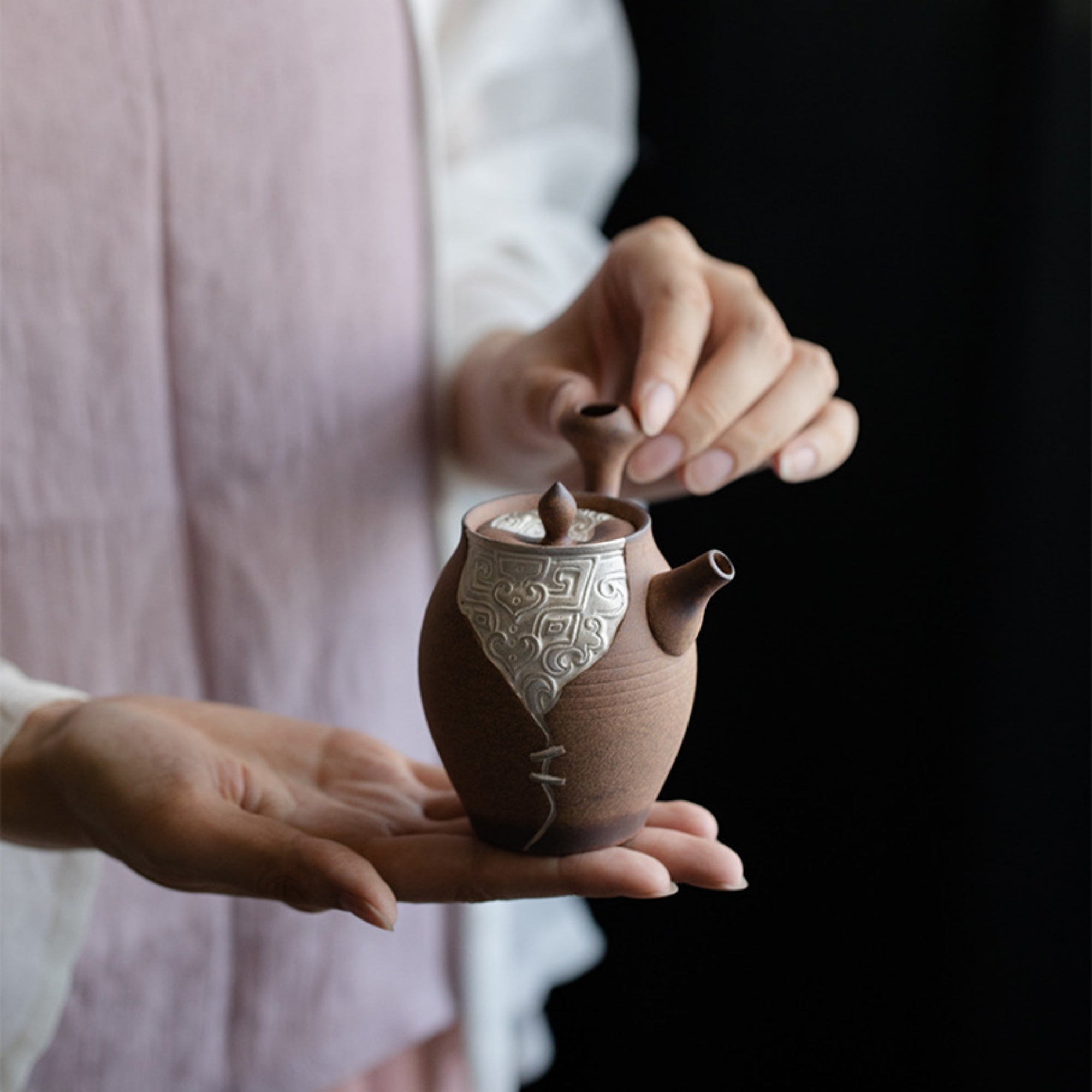 QiLing Aura Taotie and Auspicious Clouds Handcrafted Ceramic Tea Set