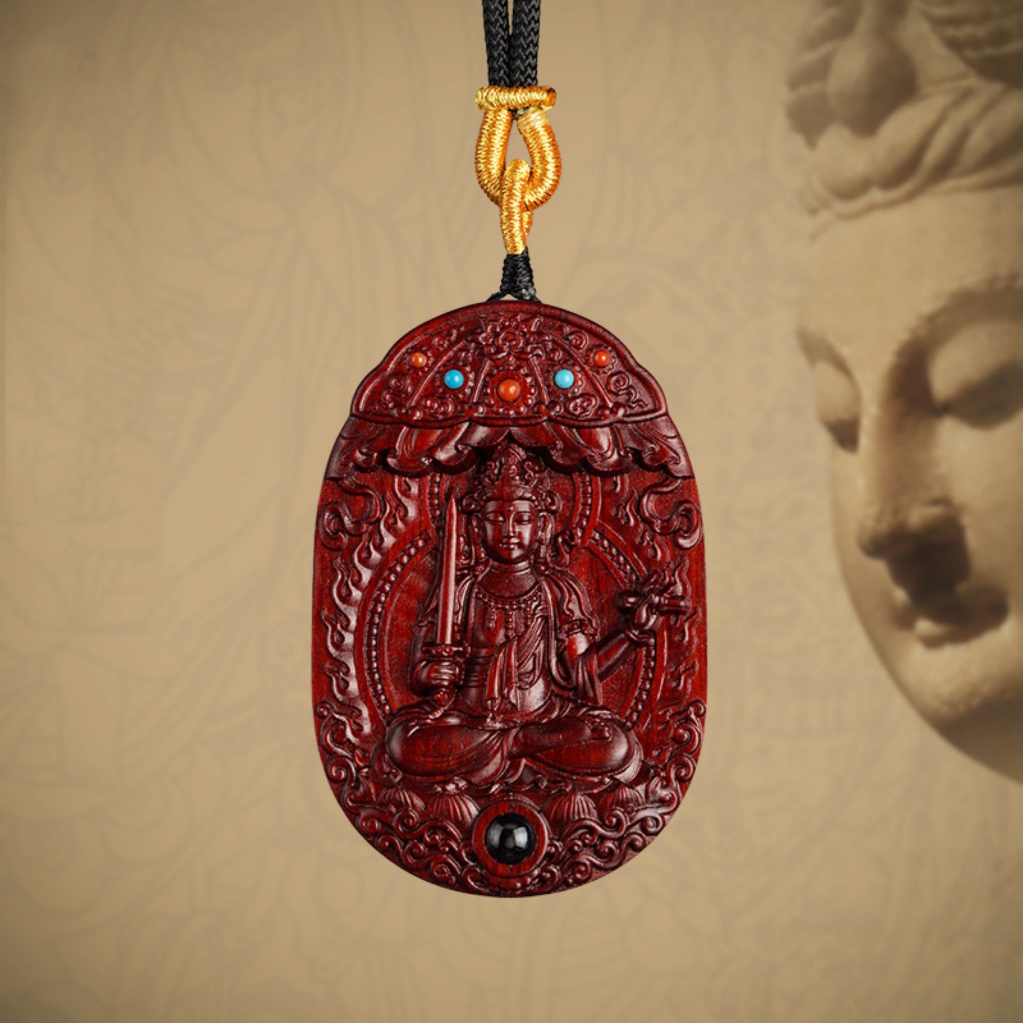 QiLing Aura Hand-Carved Purple Sandalwood Guardian Buddha Pendant Necklace