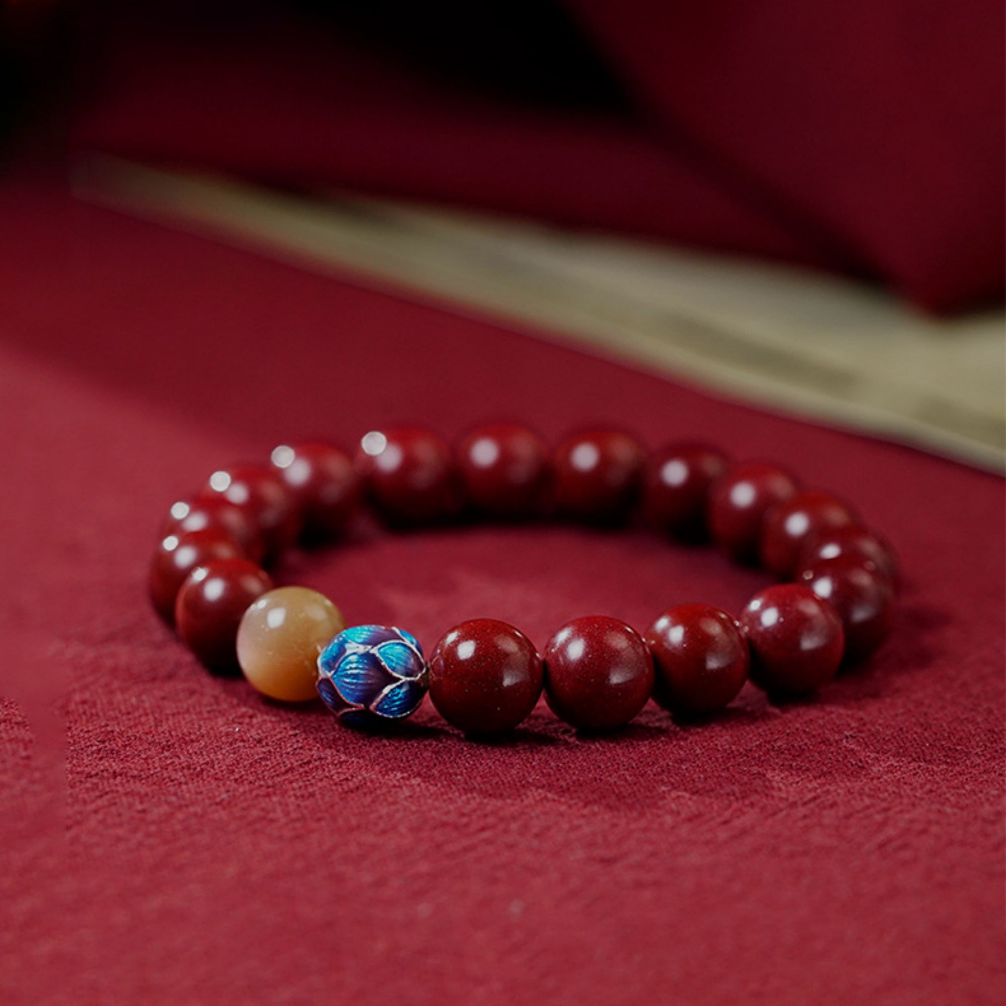 QiLingAura Handmade Cinnabar Lotus Buddhist Prayer Bead Bracelet