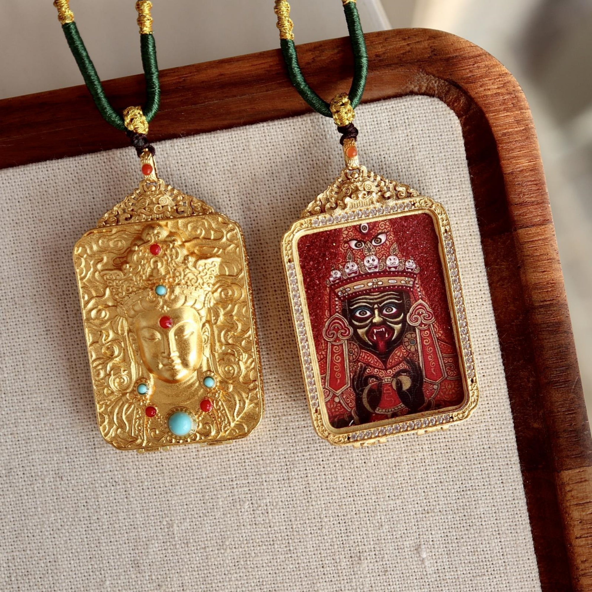 Tibetan Double-Sided Zakiram & Green Tara Thangka Pendant Necklace