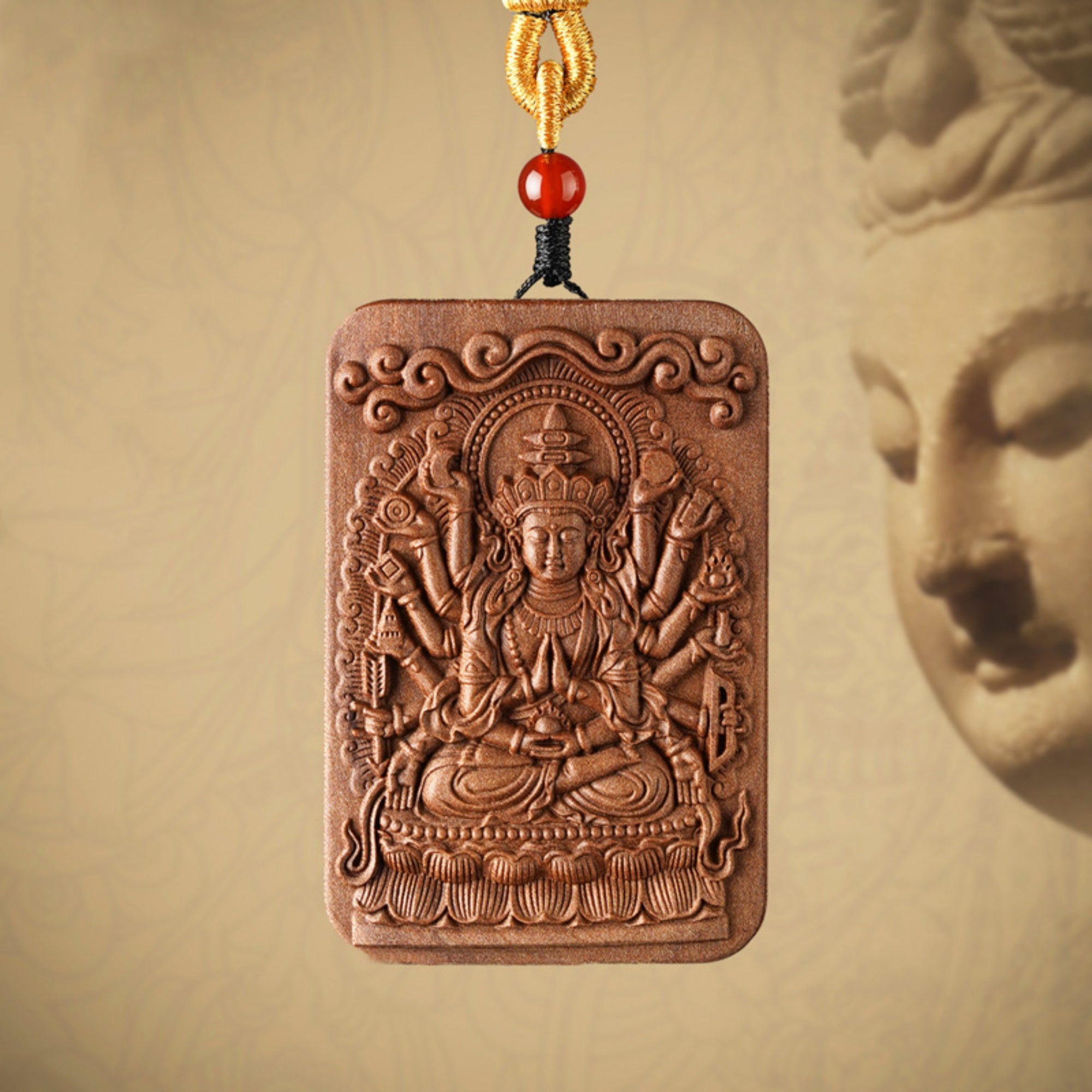 QiLing Aura Sandalwood Hand-Carved Thousand-Armed Guanyin Buddha Pendant Necklace