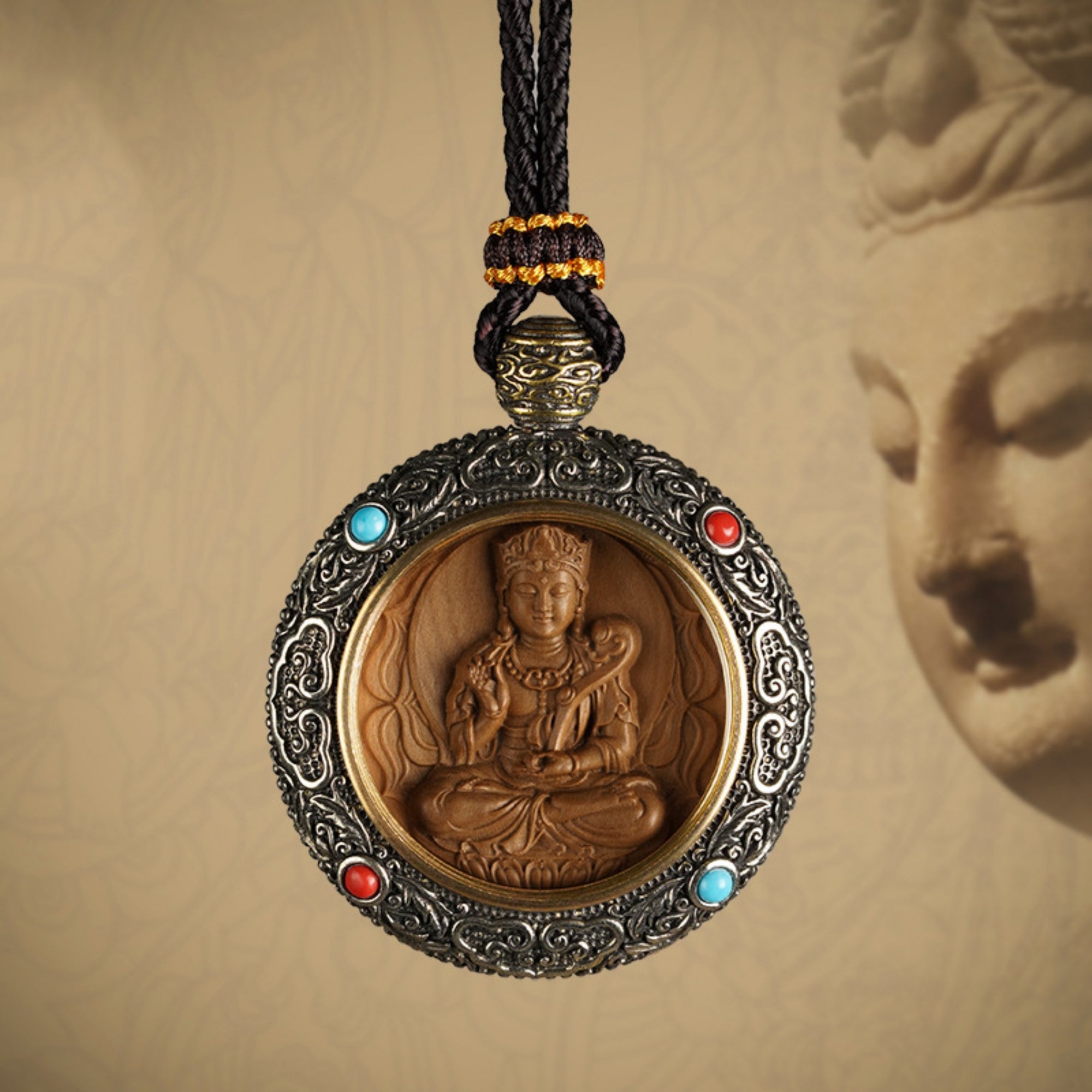 QiLing Aura Tibetan Silver Inlaid Hand-Engraved Sandalwood Buddha Necklace