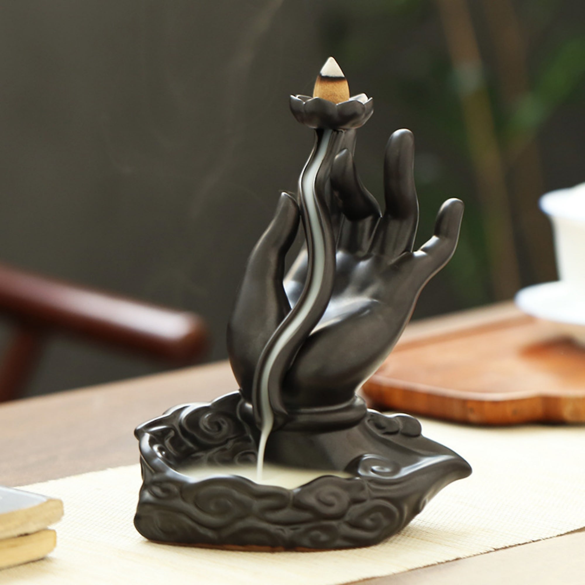 QiLing Aura Buddha Hand Holding Lotus Ceramic Backflow Incense Burner