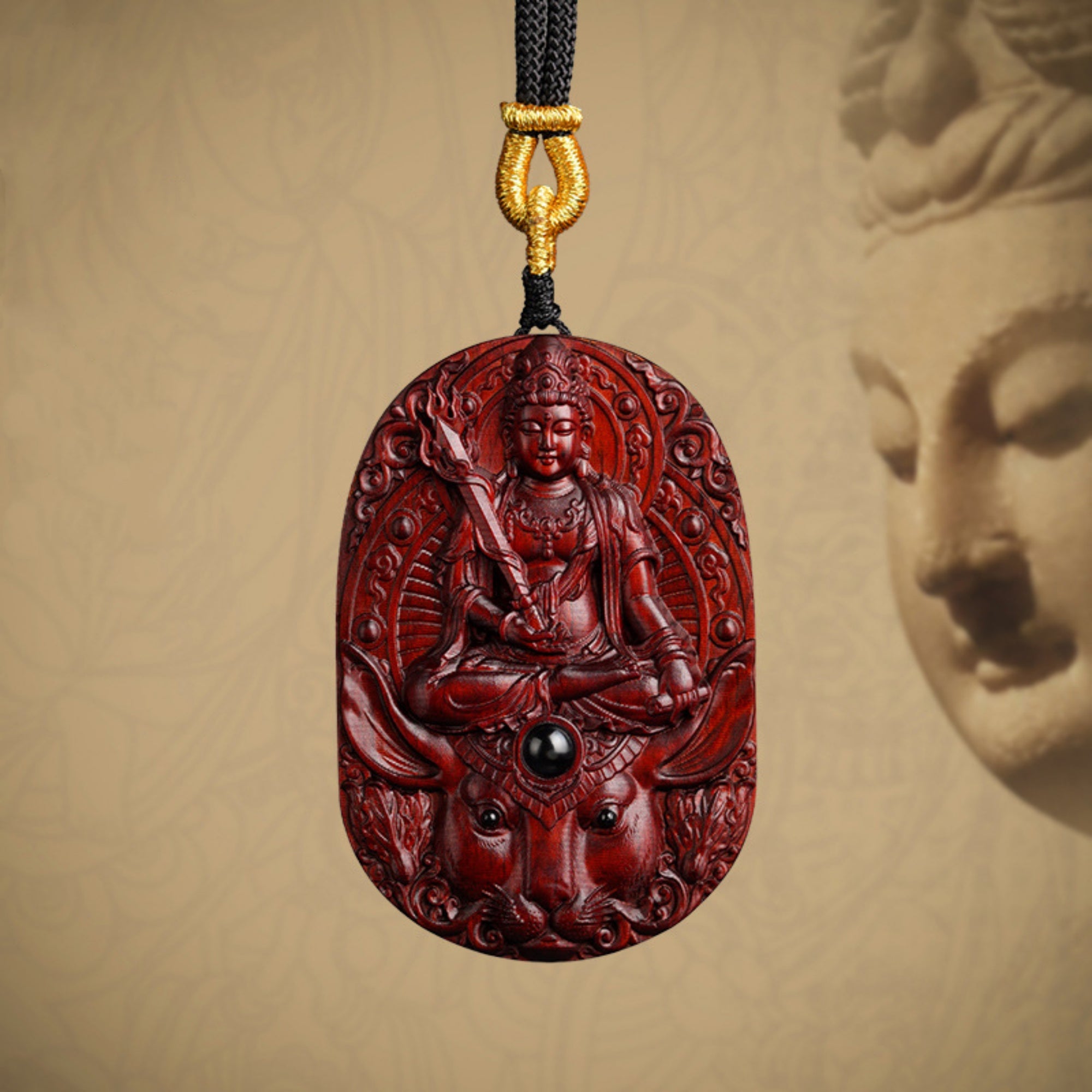 Hand-Carved Sandalwood Zodiac Guardian Buddha Pendant Necklace