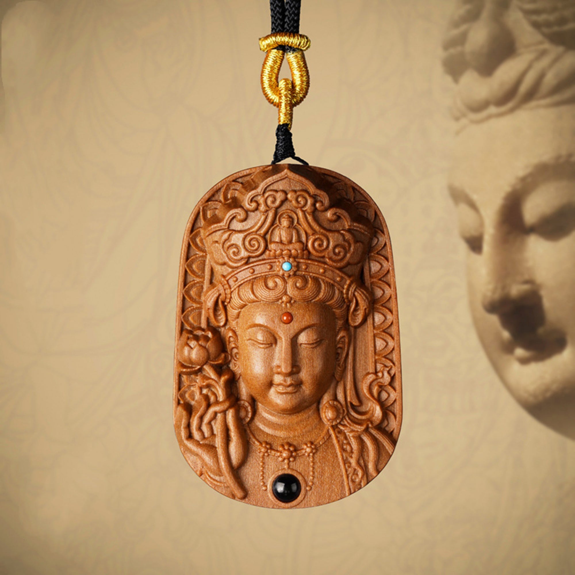 QiLing Aura Hand-Carved Sandalwood Guanyin Buddha Pendant Necklace