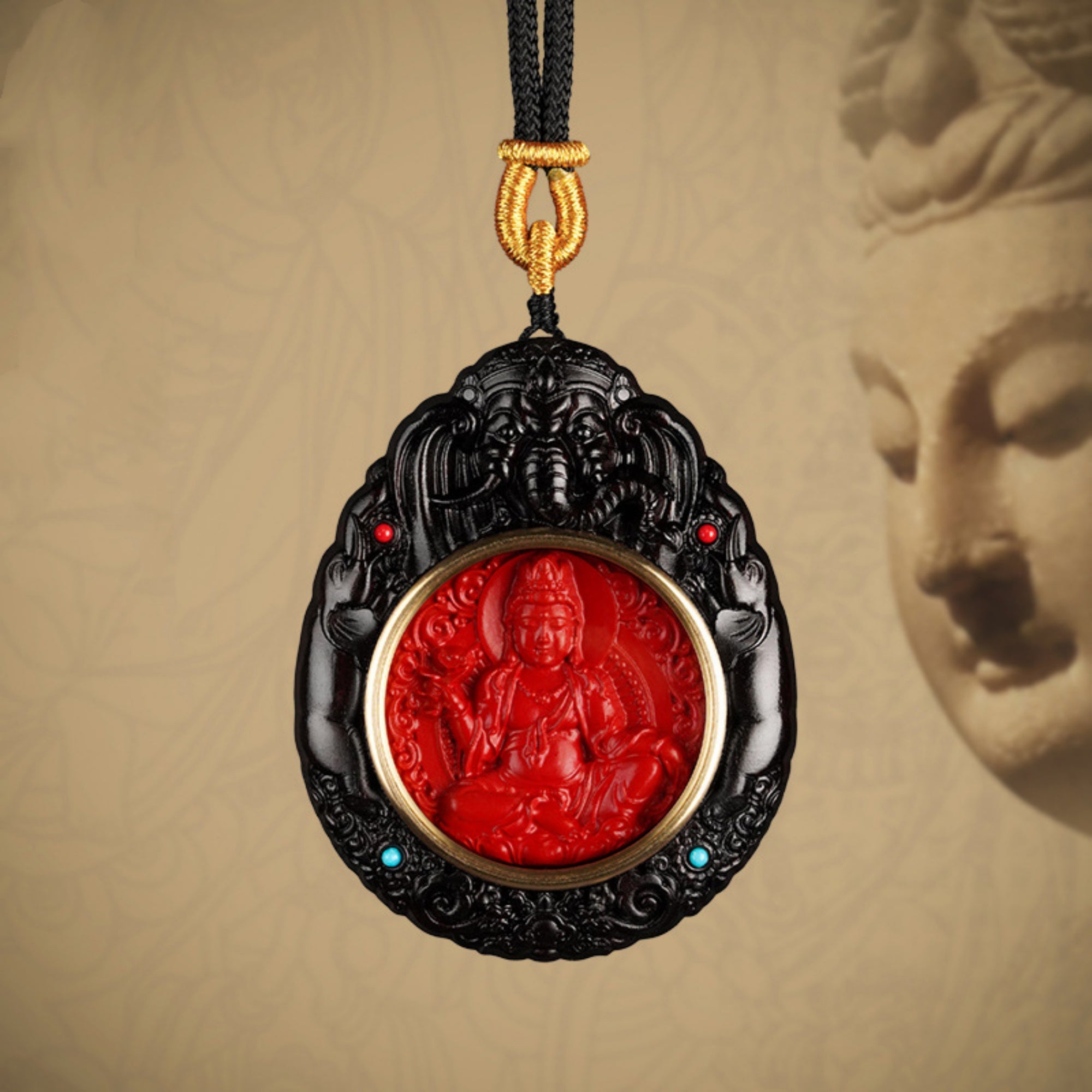 QiLing Aura Hand-Carved Black Sandalwood and Cinnabar Guardian Buddha Pendant Necklace