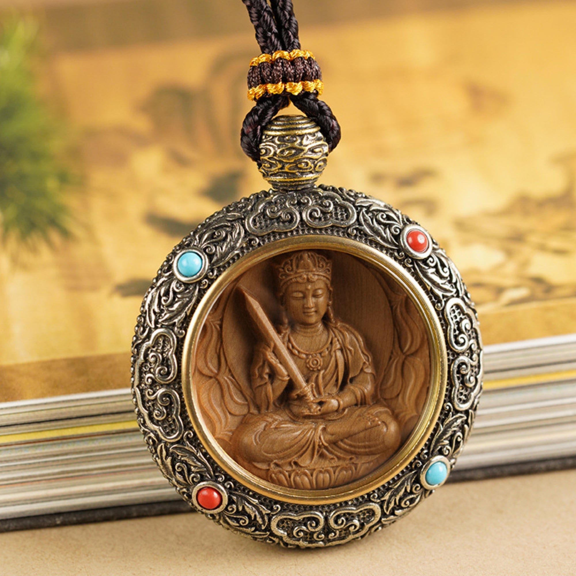 QiLing Aura Tibetan Silver Inlaid Hand-Engraved Sandalwood Buddha Necklace