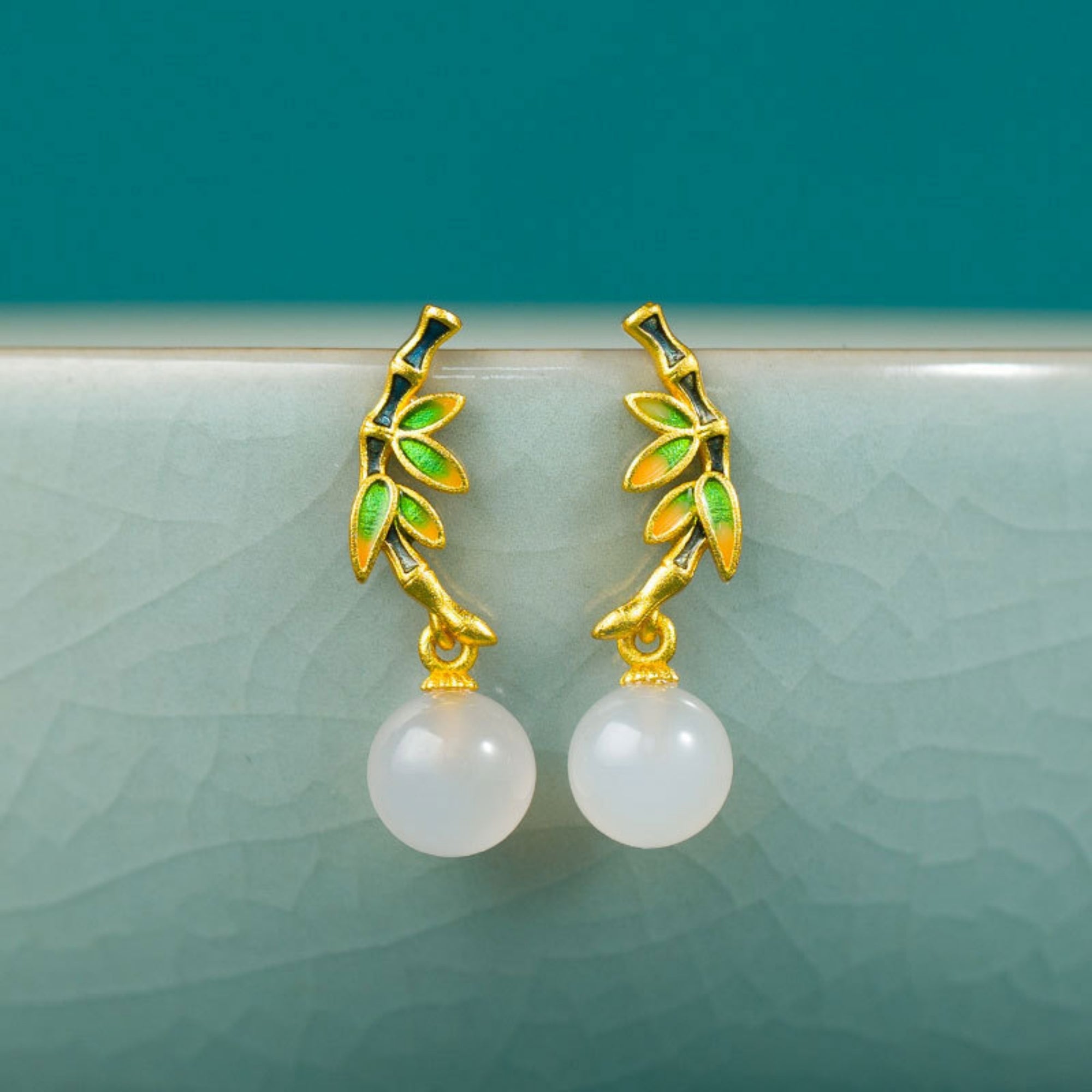 QiLing Aura Enamel Painted Jade Vintage Bamboo Earrings