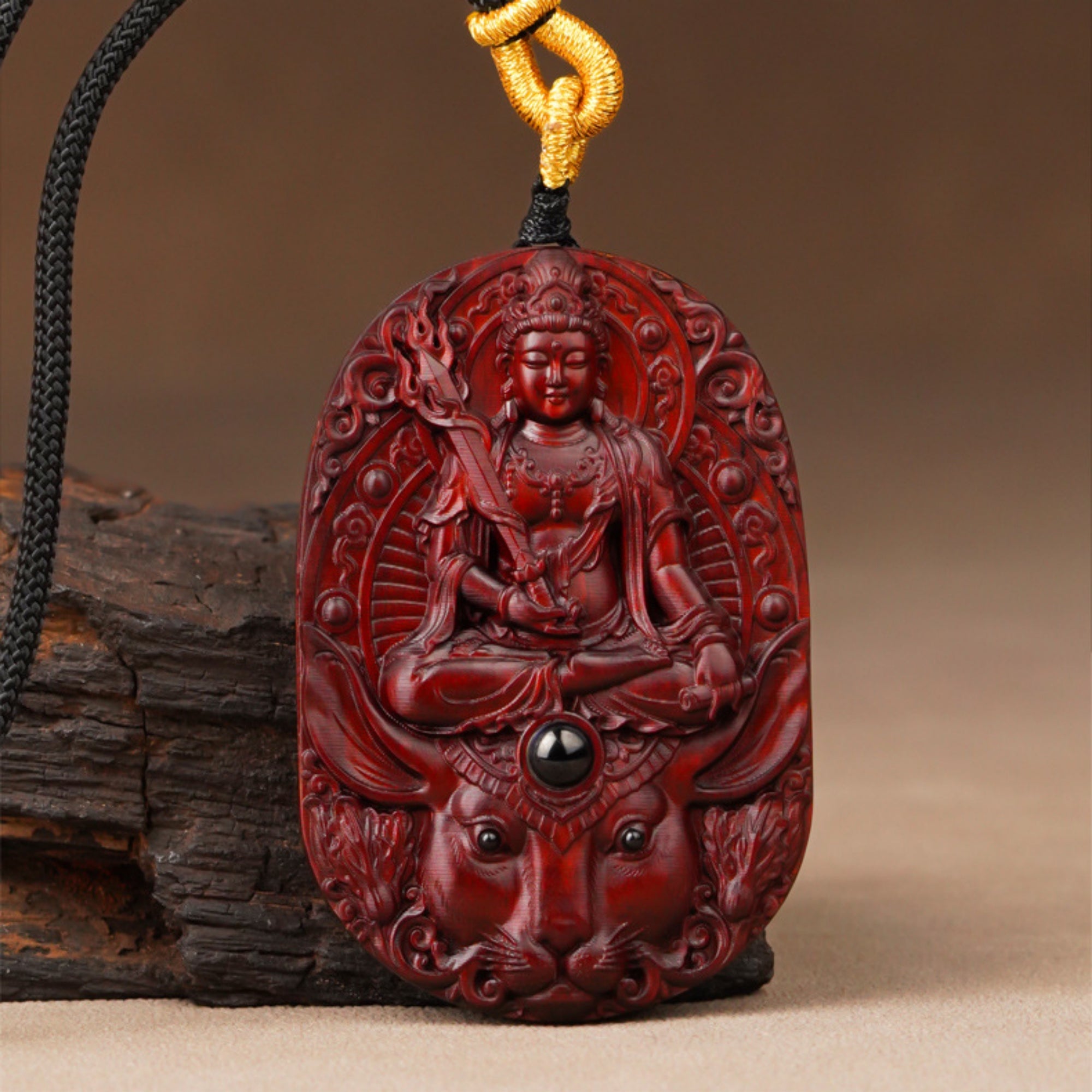 Hand-Carved Sandalwood Zodiac Guardian Buddha Pendant Necklace