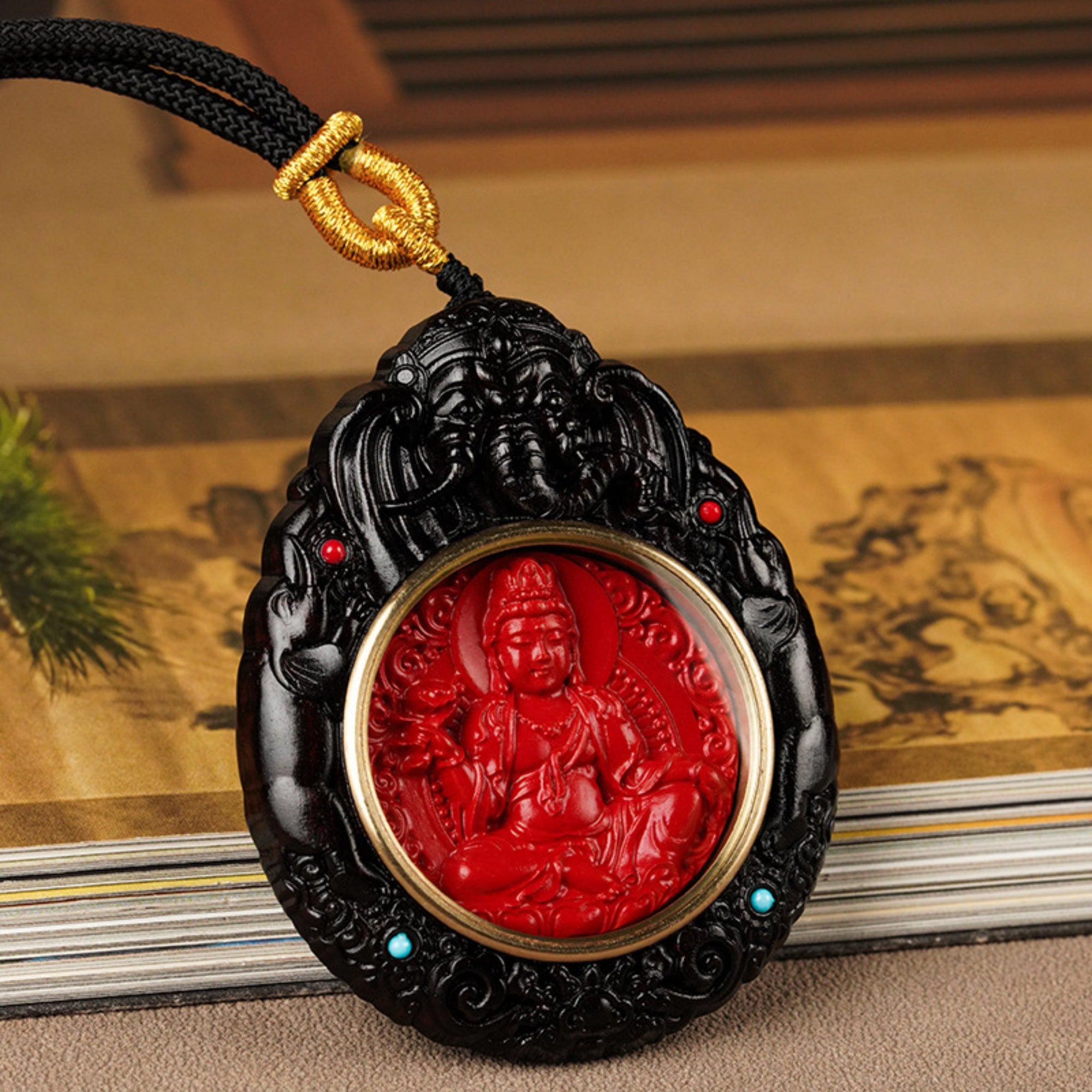 QiLing Aura Hand-Carved Black Sandalwood and Cinnabar Guardian Buddha Pendant Necklace