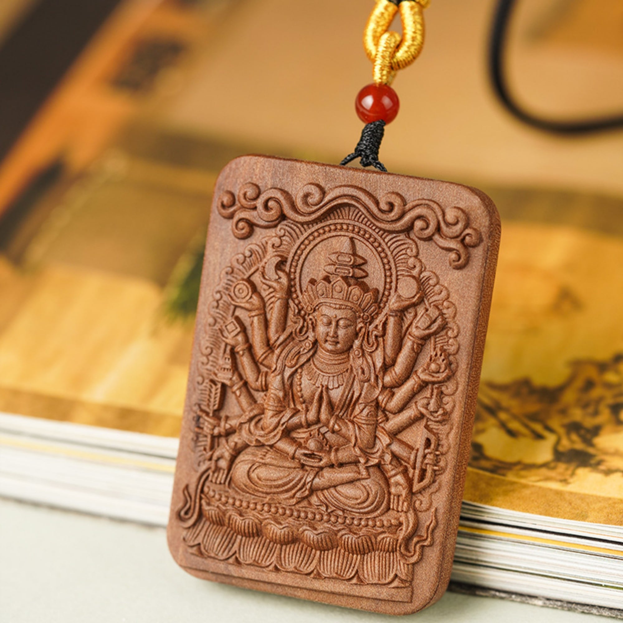 QiLing Aura Sandalwood Hand-Carved Thousand-Armed Guanyin Buddha Pendant Necklace