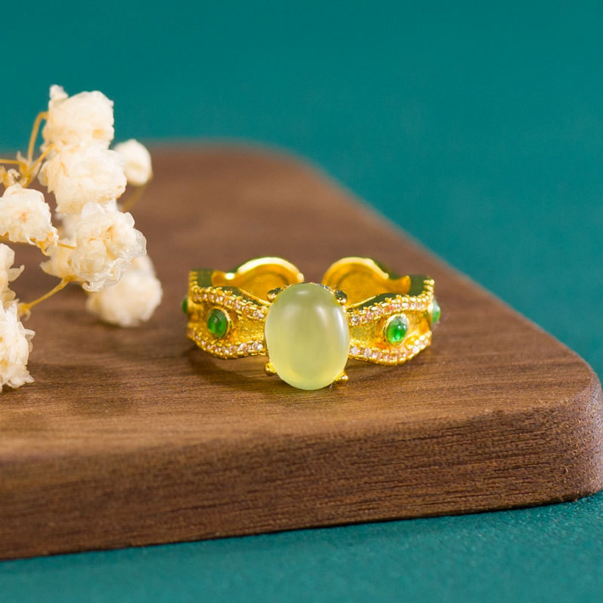 QiLing Aura Adjustable Vintage Gold Inlaid Jade Ring