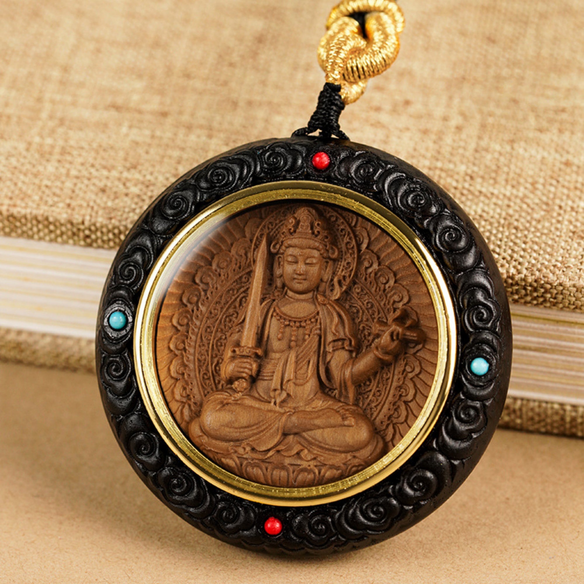 QiLing Aura Hand-Carved Sandalwood Guardian Buddha Pendant Necklace