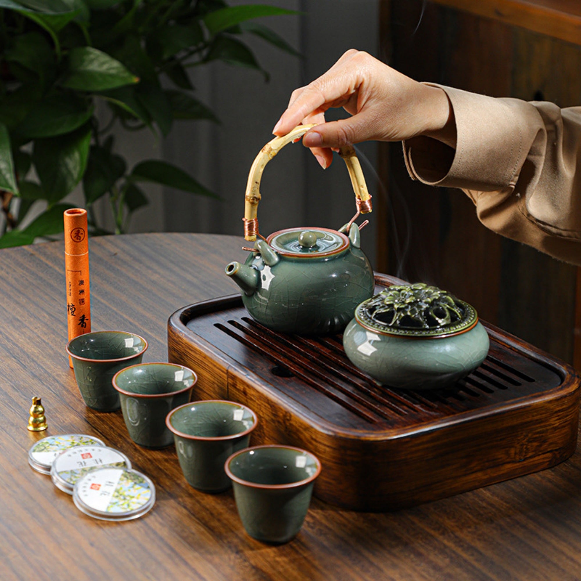 QiLing Aura Crackle Glaze Handmade Tea Set & Incense Ritual Kit