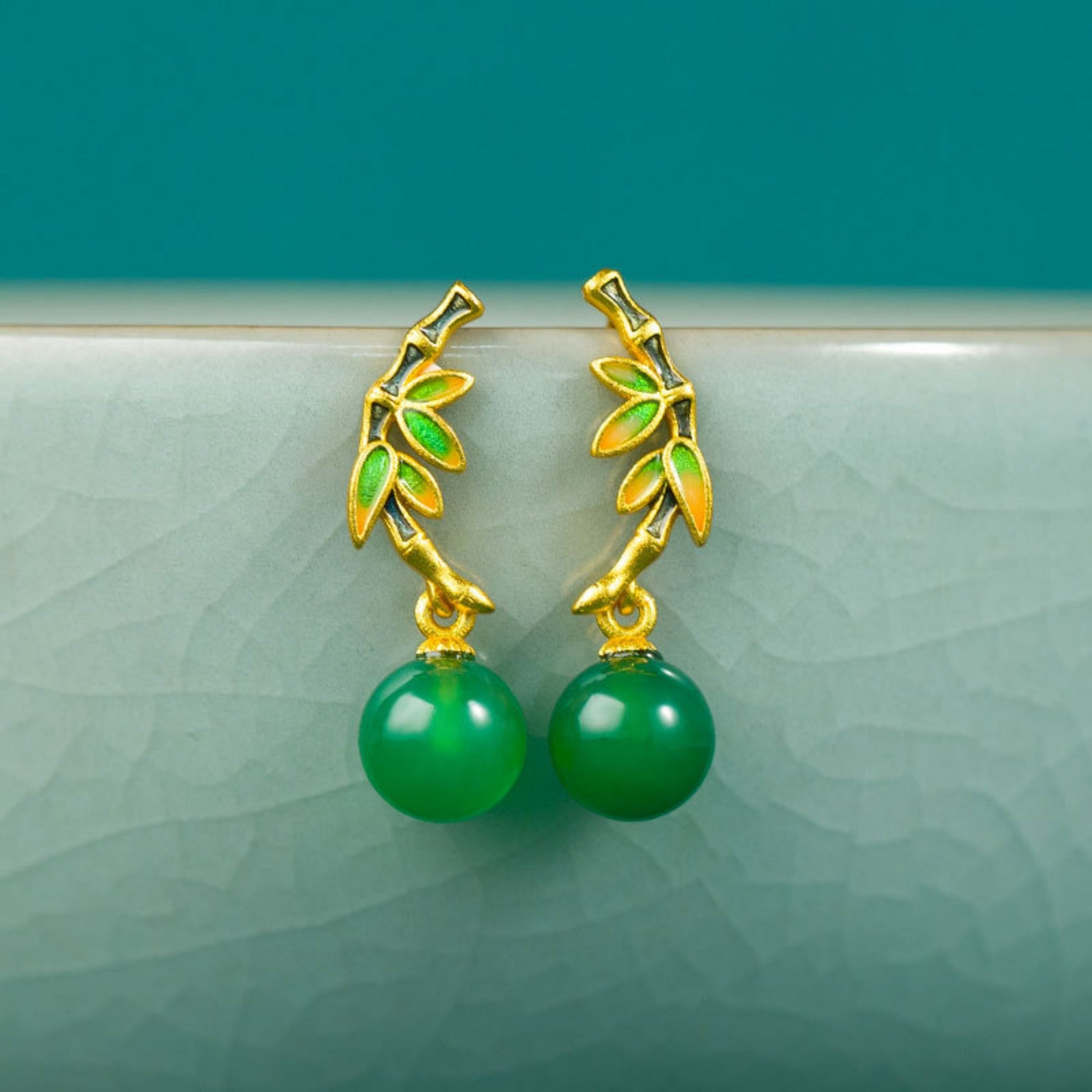 QiLing Aura Enamel Painted Jade Vintage Bamboo Earrings