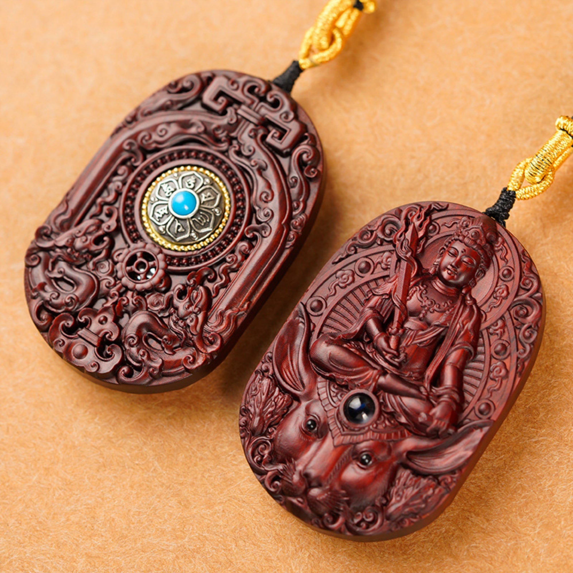 Hand-Carved Sandalwood Zodiac Guardian Buddha Pendant Necklace