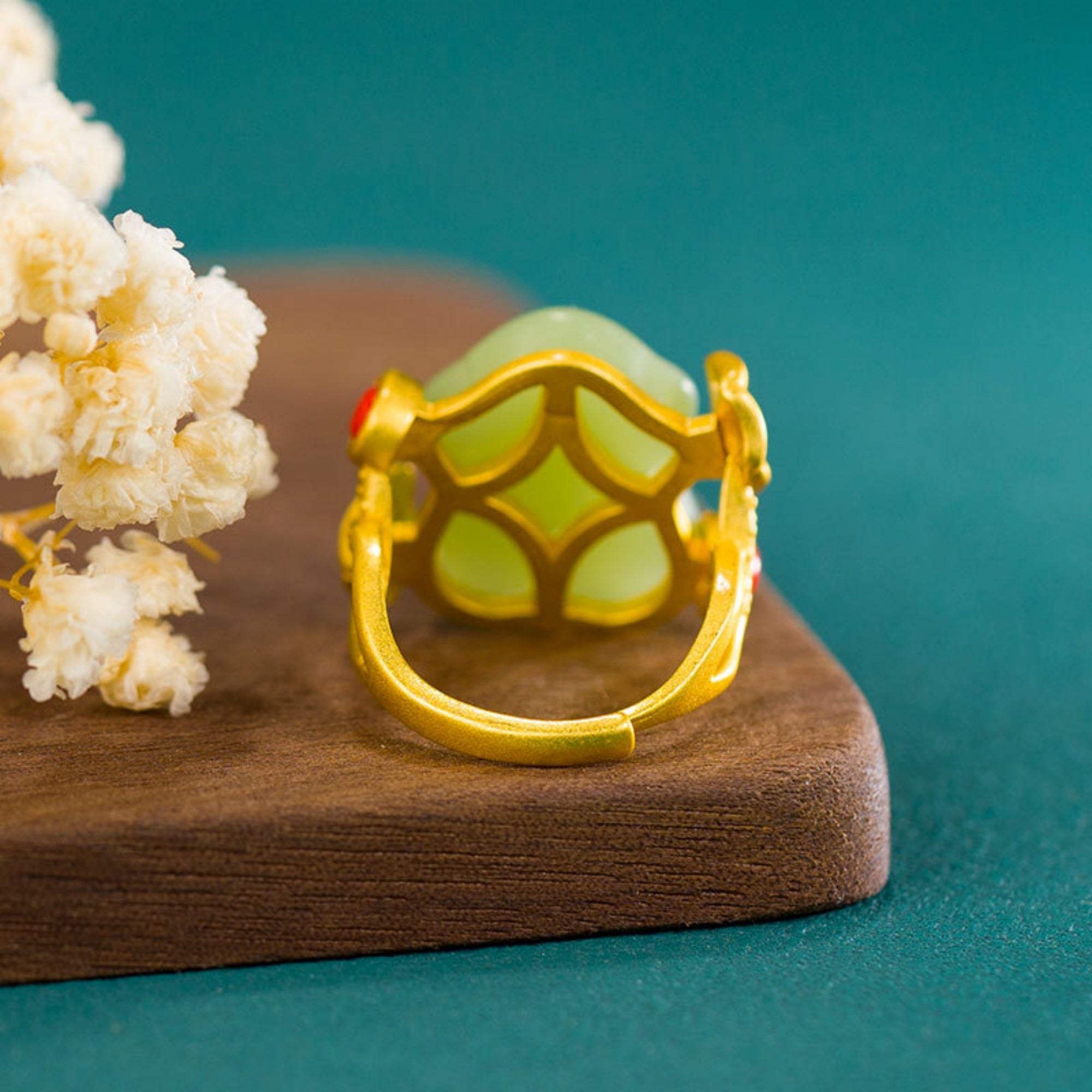 QiLing Aura Adjustable Wealth Symbol Gold Inlaid Jade Ring