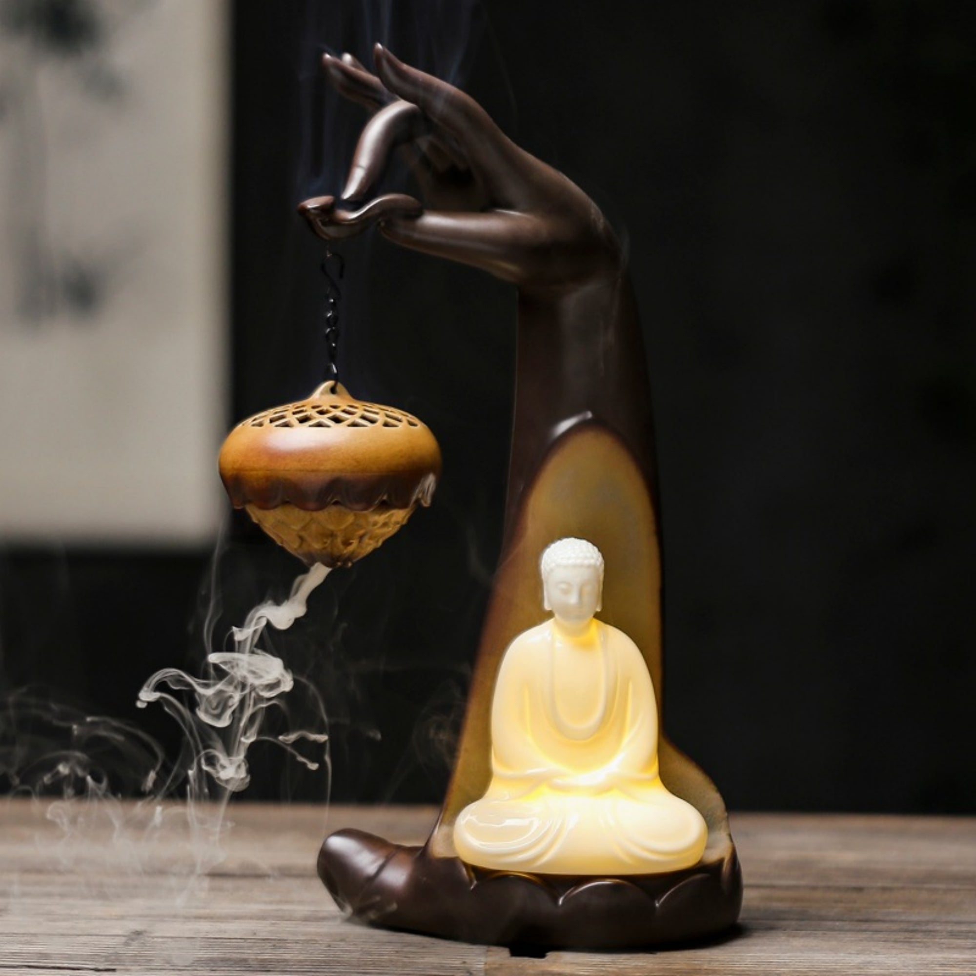 Buddha Hand Touching Flower Ceramic Backflow Incense Burner