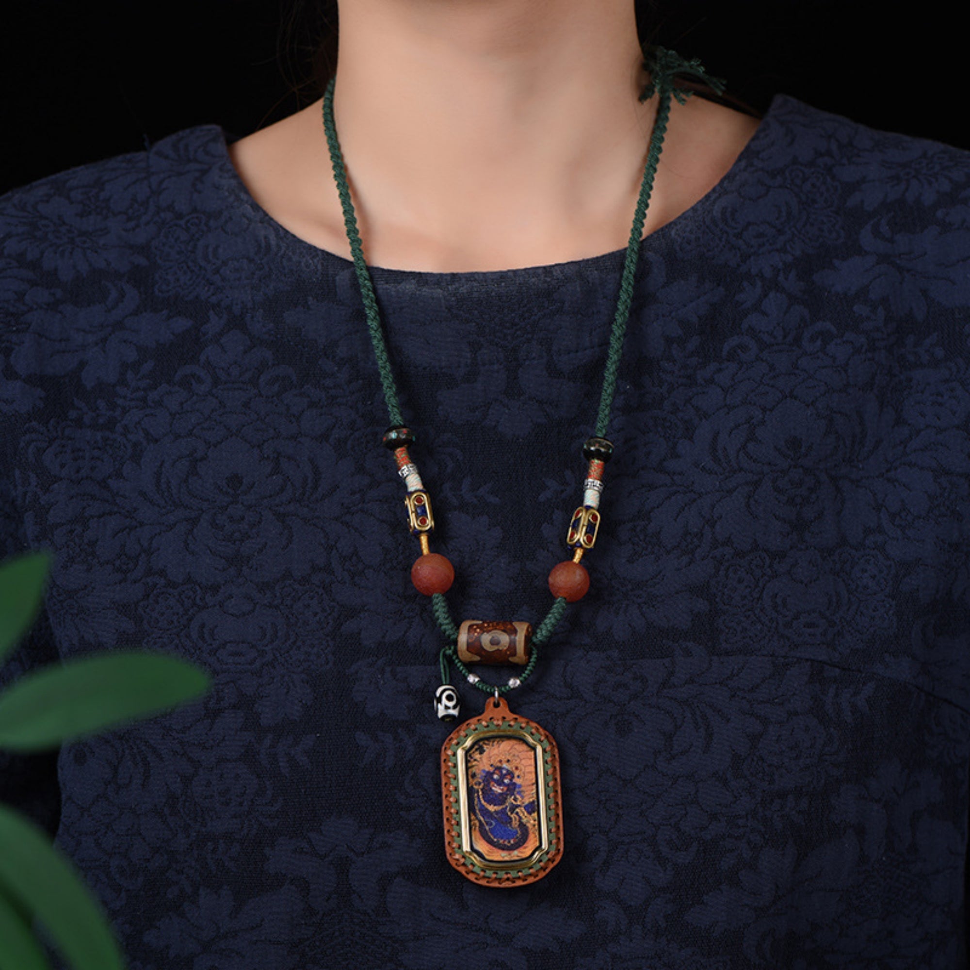 Green Tara Gemstone-Embellished Thangka Necklace