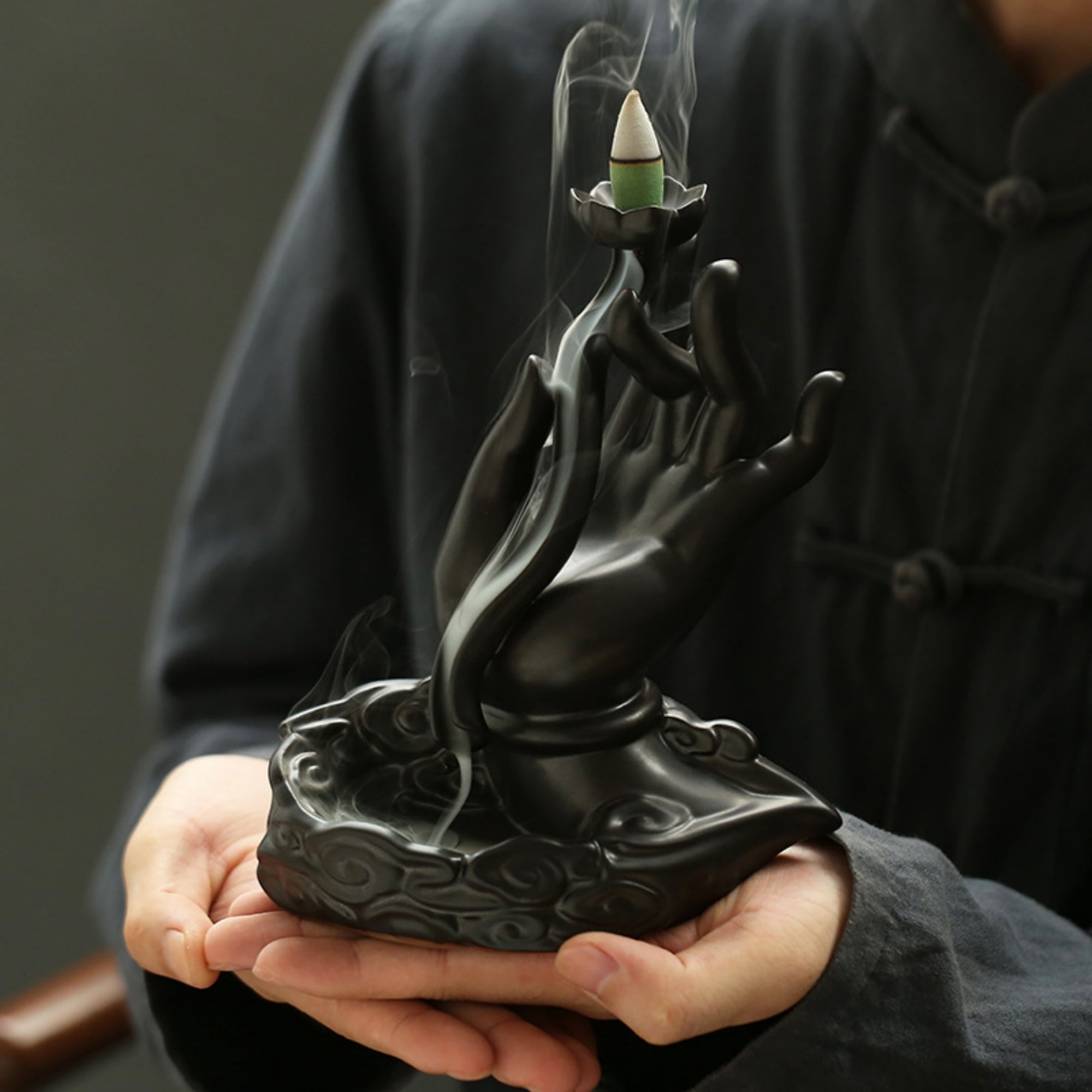 QiLing Aura Buddha Hand Holding Lotus Ceramic Backflow Incense Burner