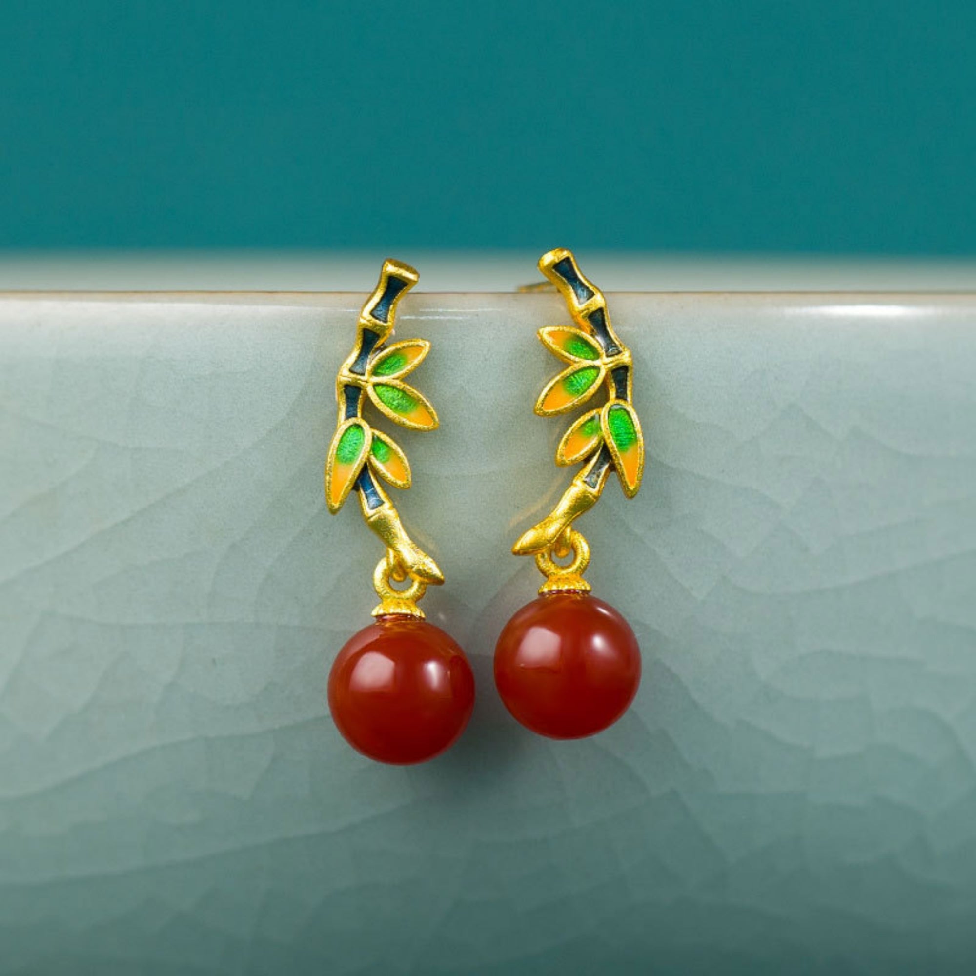 QiLing Aura Enamel Painted Jade Vintage Bamboo Earrings