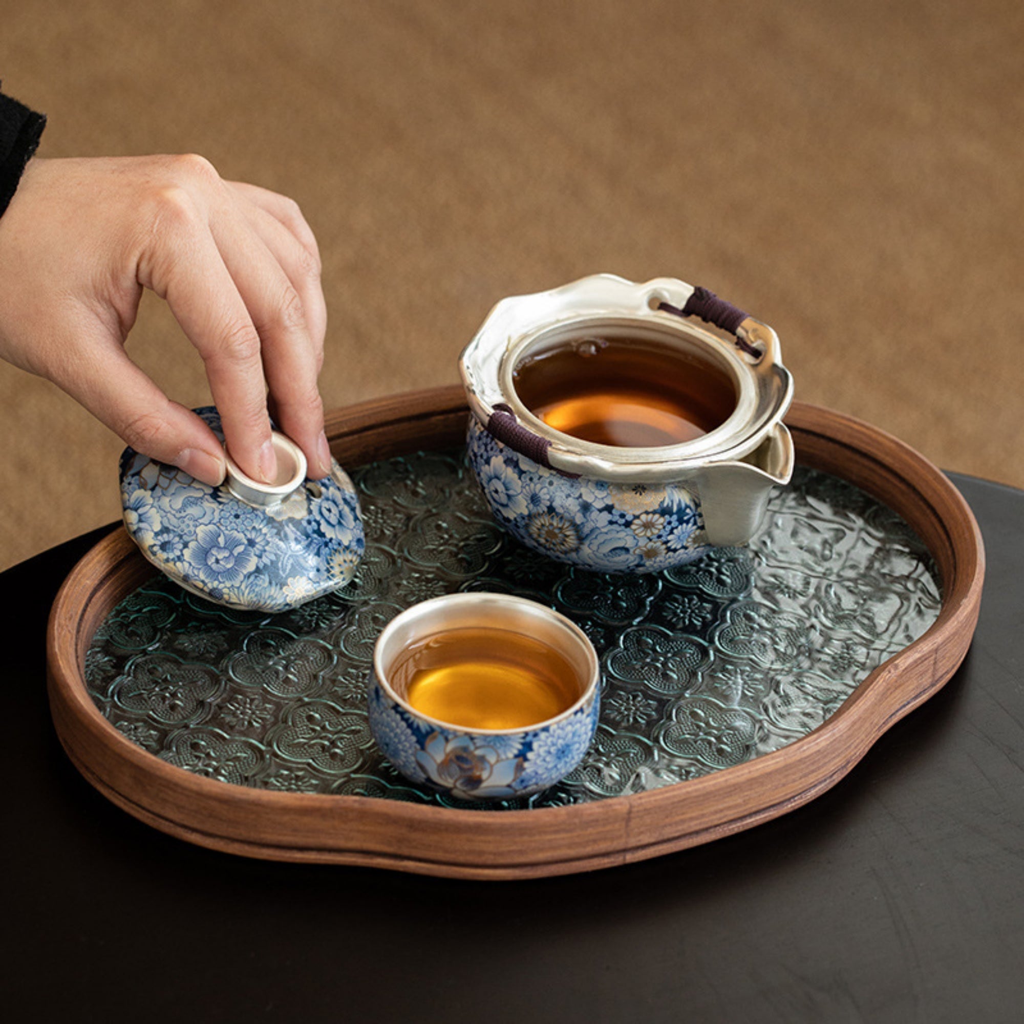 QiLing Aura Handmade Floral Silver-Plated Ceramic Tea Set