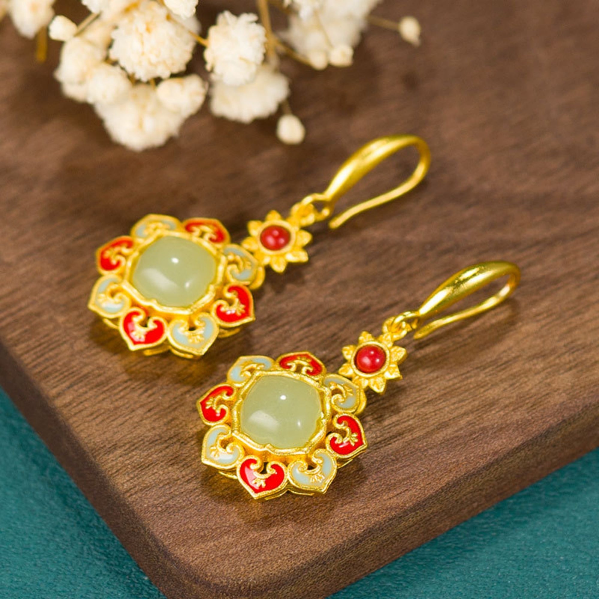 QiLing Aura Jade Sunflower Earrings