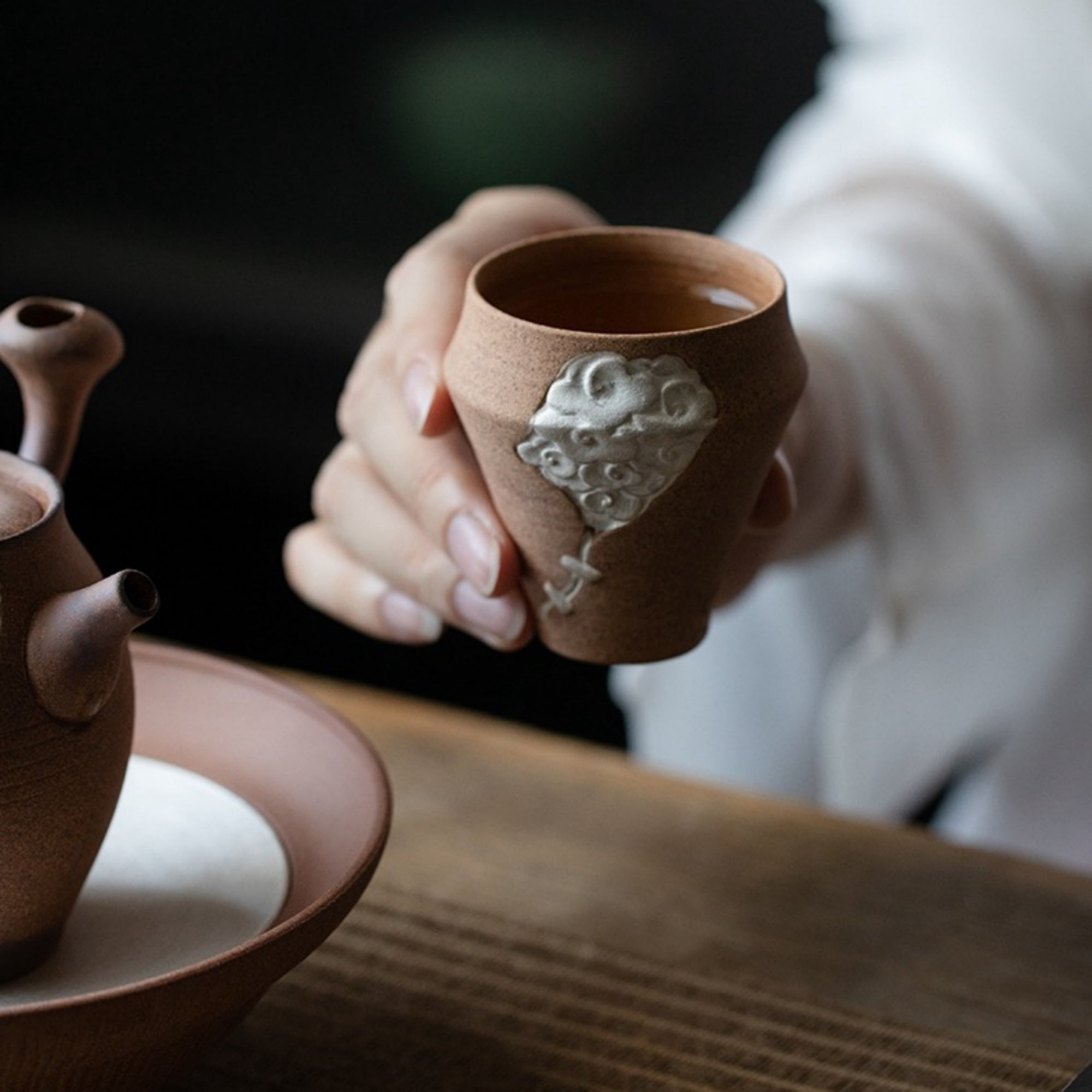 QiLing Aura Taotie and Auspicious Clouds Handcrafted Ceramic Tea Set