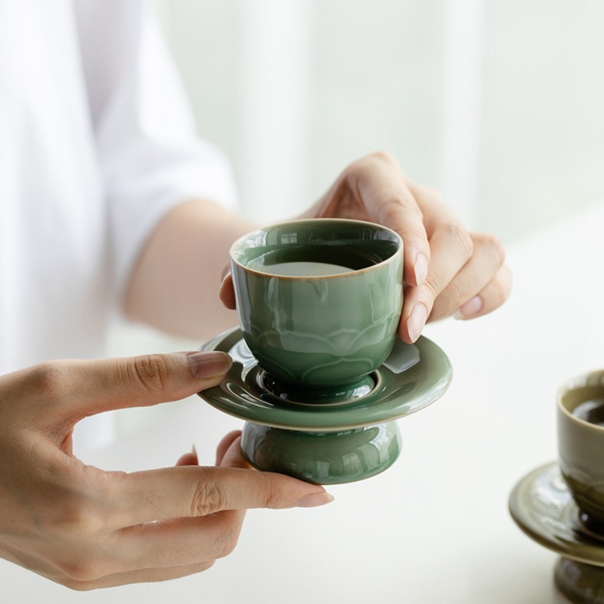 QiLing Aura Yue Kiln Celadon Vintage Lotus Tea Cup