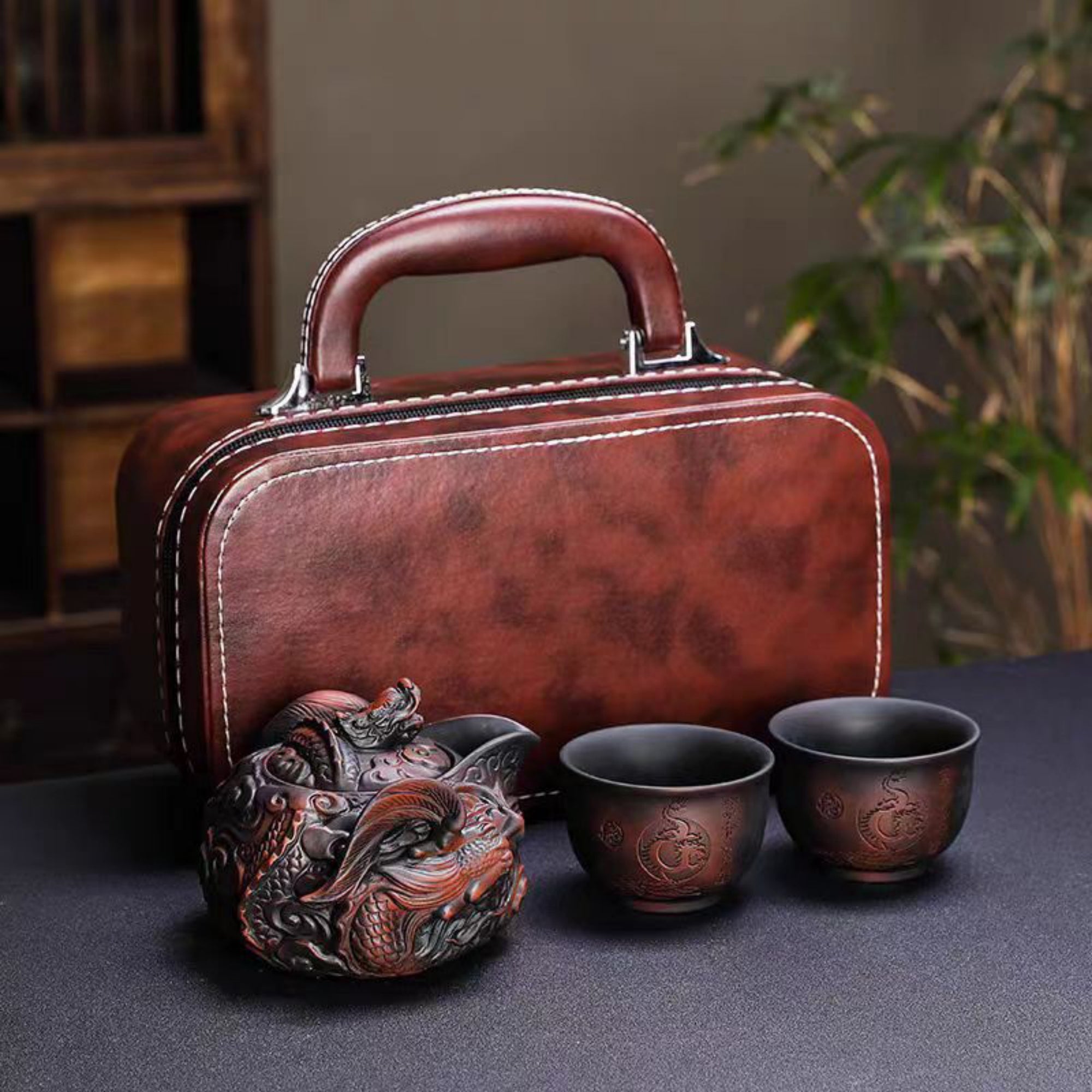 QiLing Aura Handmade Purple Clay Dragon Relief Portable Tea Set