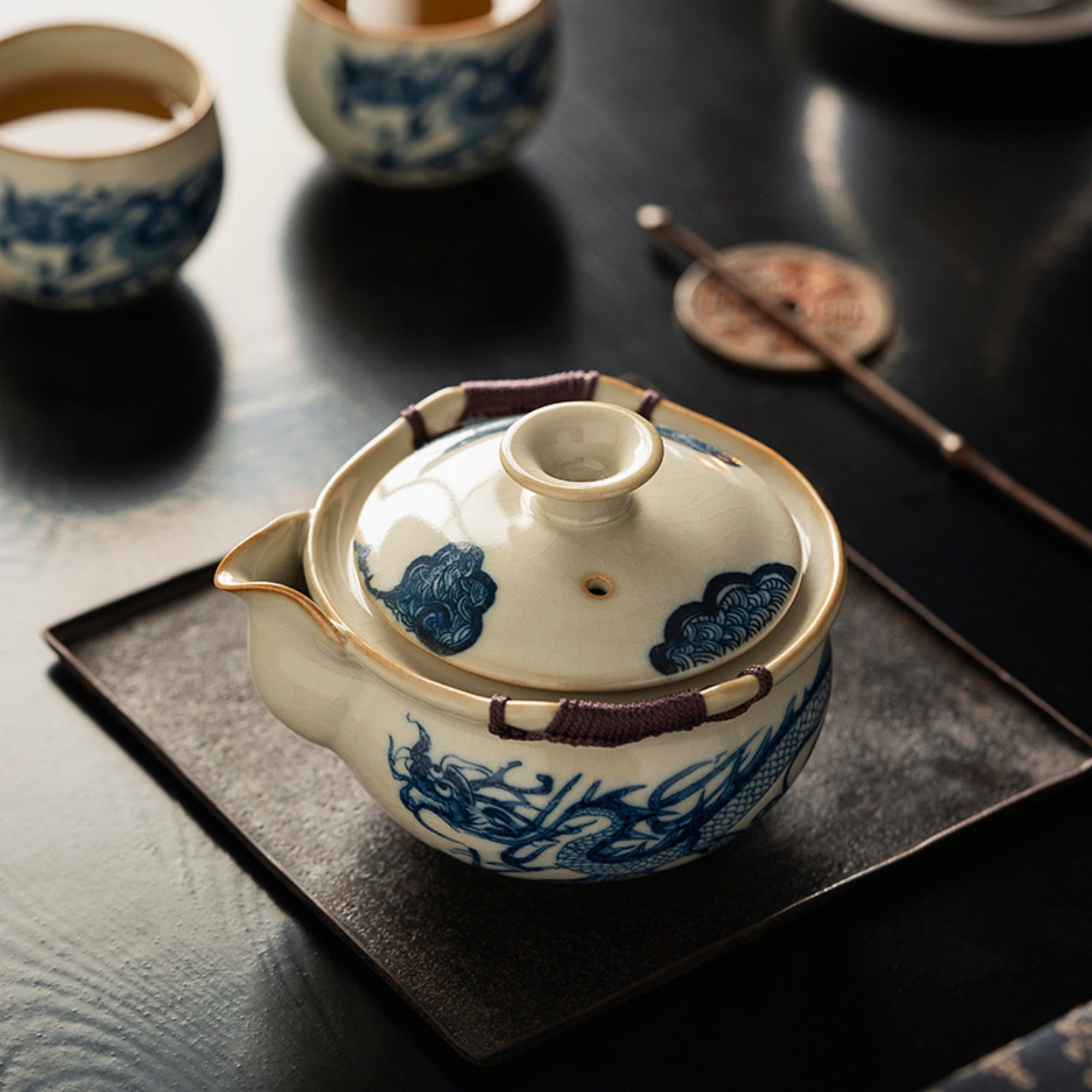 QiLing Aura Ru Kiln Blue and White Porcelain Dragon Pattern Tea Set