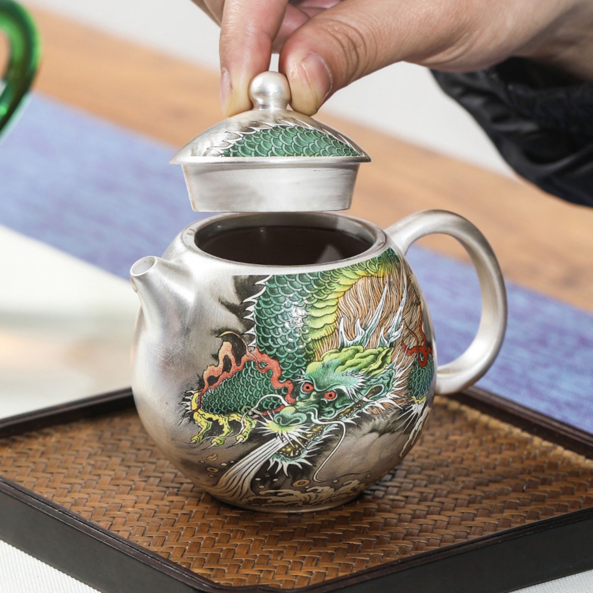 QiLing Aura Handcrafted Silver-Gilded Dragon Egg Teapot