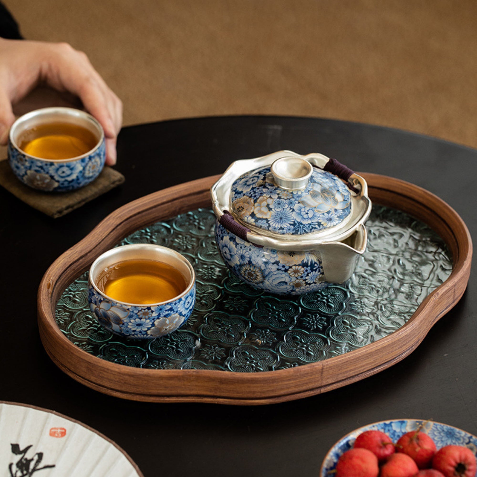 QiLing Aura Handmade Floral Silver-Plated Ceramic Tea Set