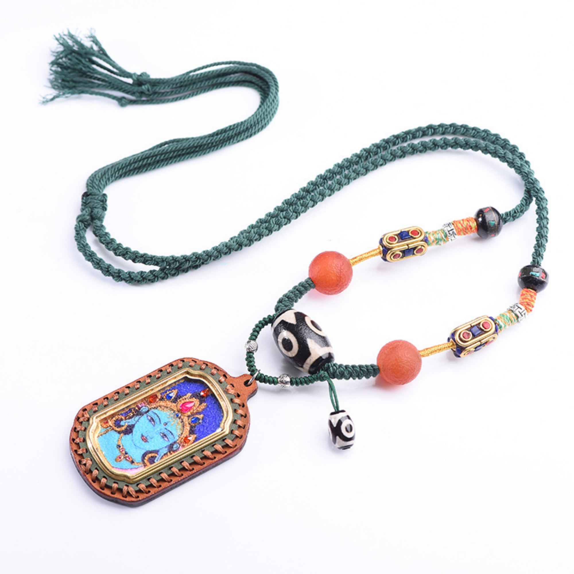 Green Tara Gemstone-Embellished Thangka Necklace