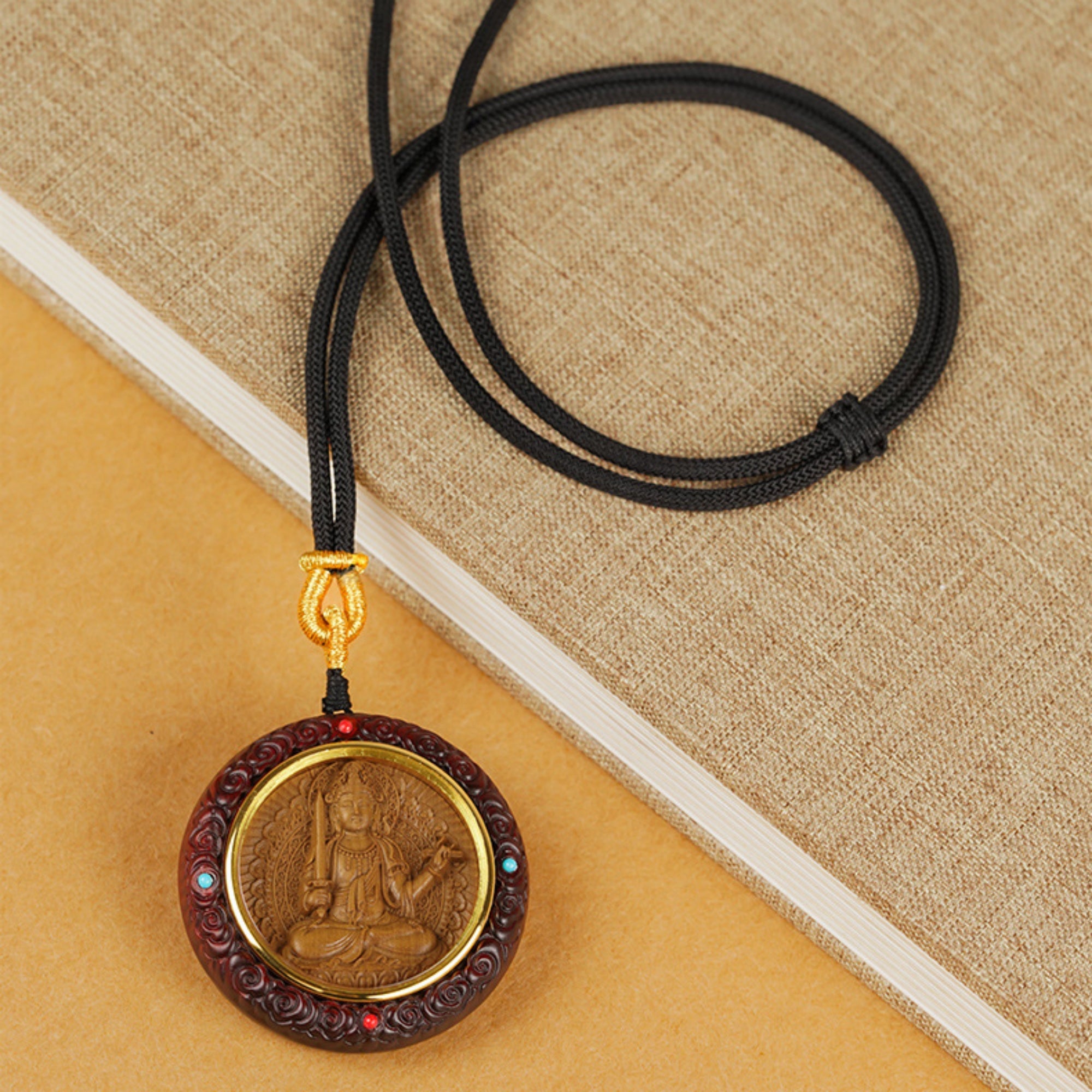 QiLing Aura Hand-Carved Sandalwood Guardian Buddha Pendant Necklace