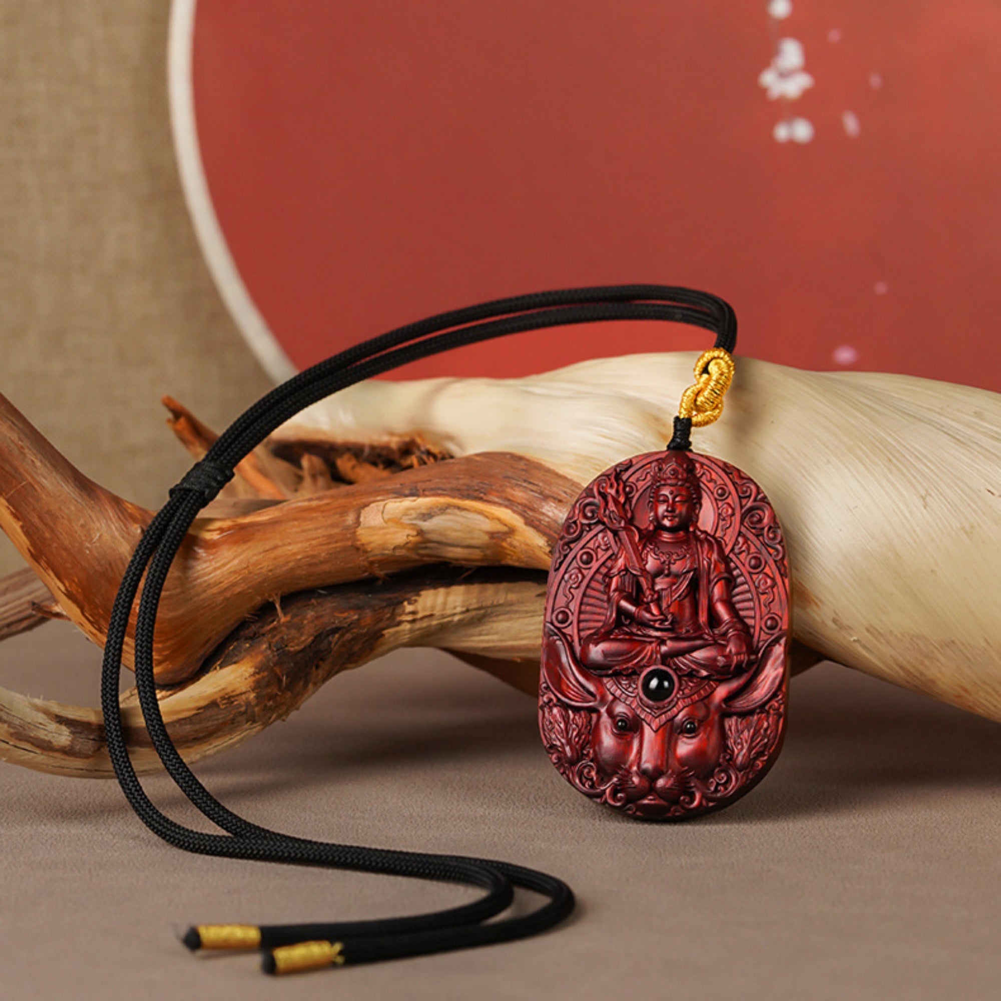 Hand-Carved Sandalwood Zodiac Guardian Buddha Pendant Necklace