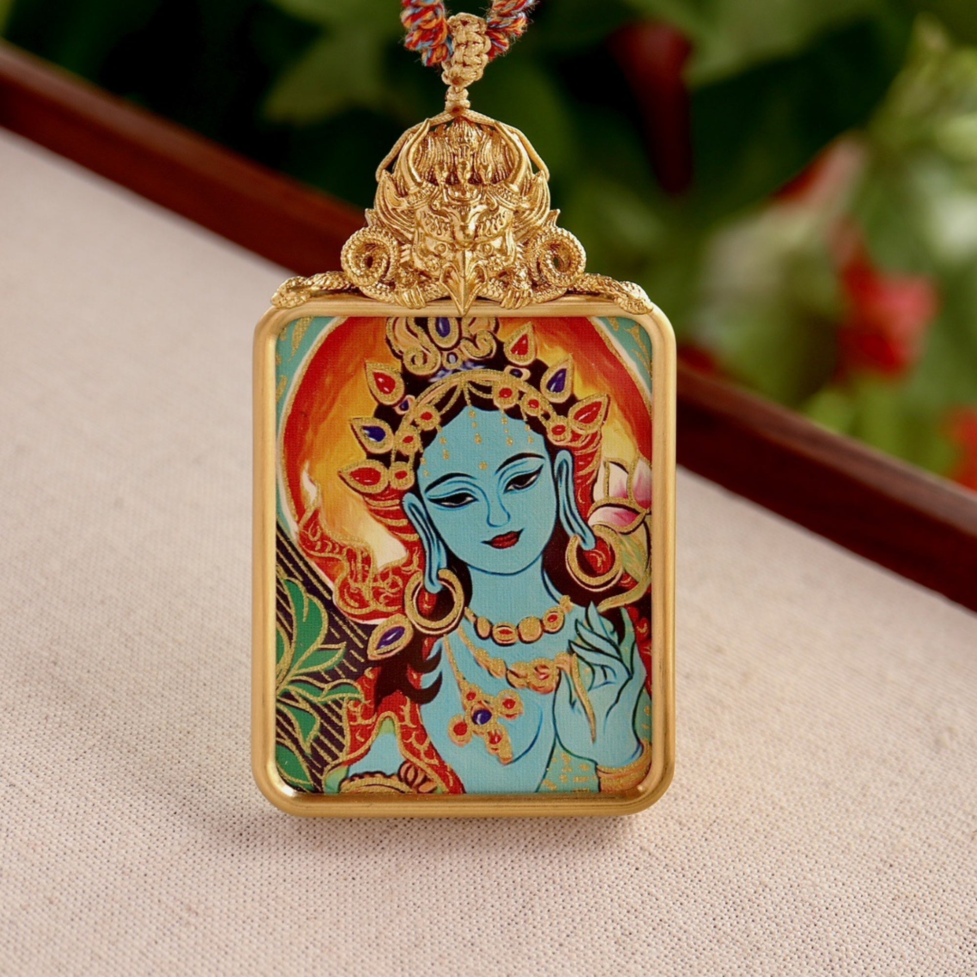 Tibetan Hand-Painted Green Tara Thangka Pendant Necklace with Potala Palace Design