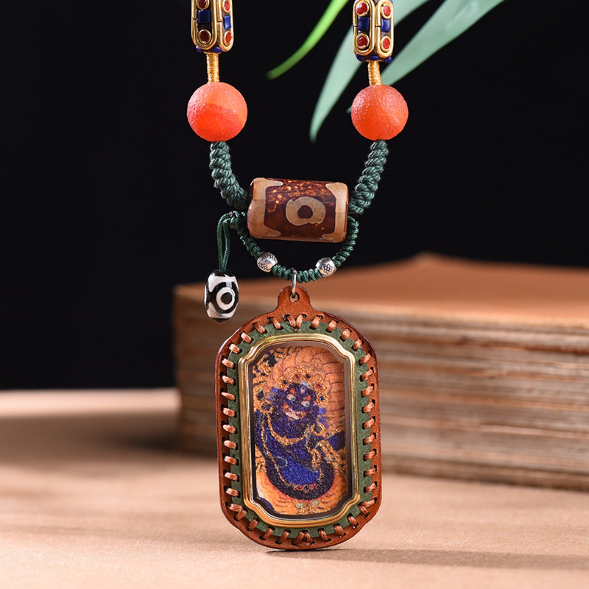 Green Tara Gemstone-Embellished Thangka Necklace