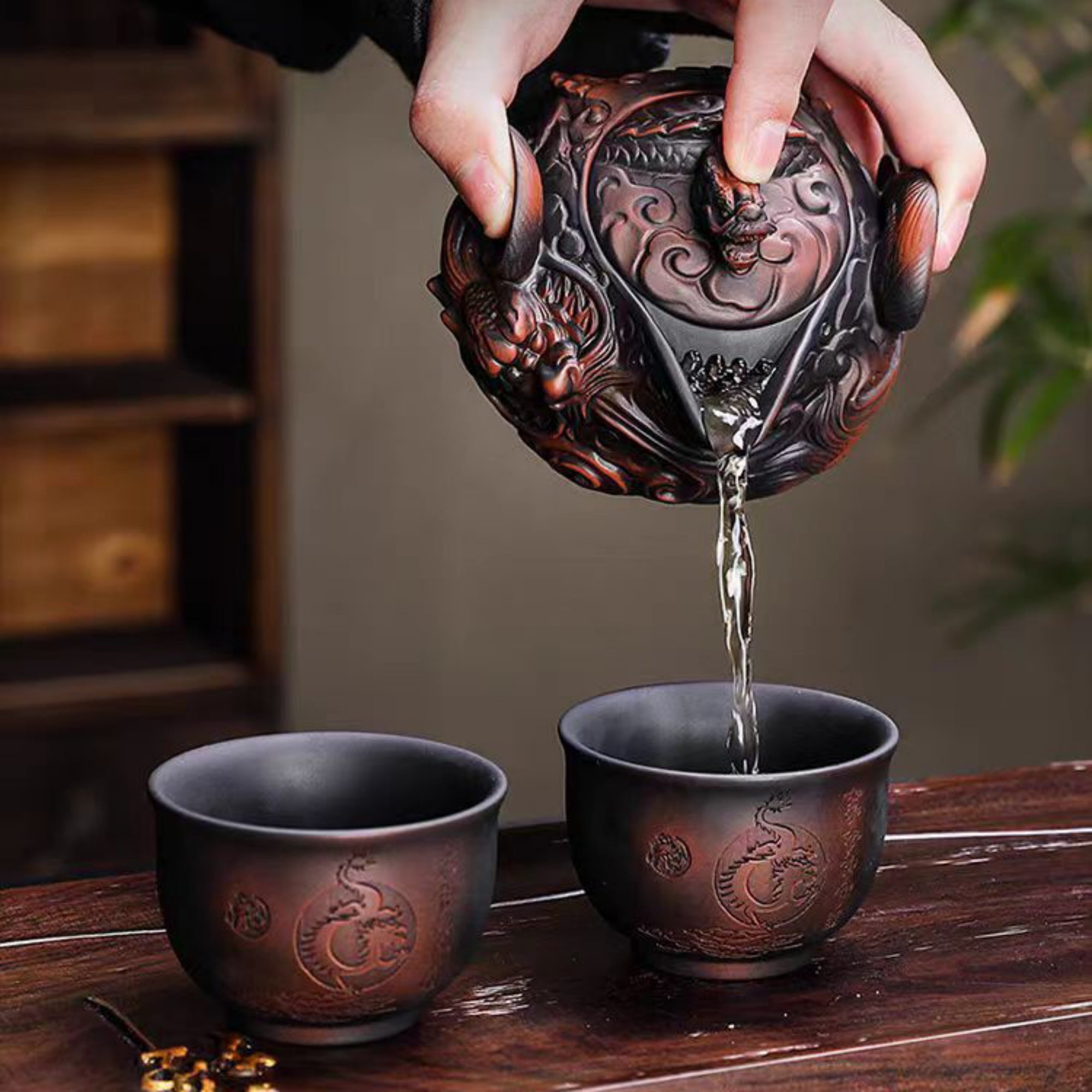 QiLing Aura Handmade Purple Clay Dragon Relief Portable Tea Set