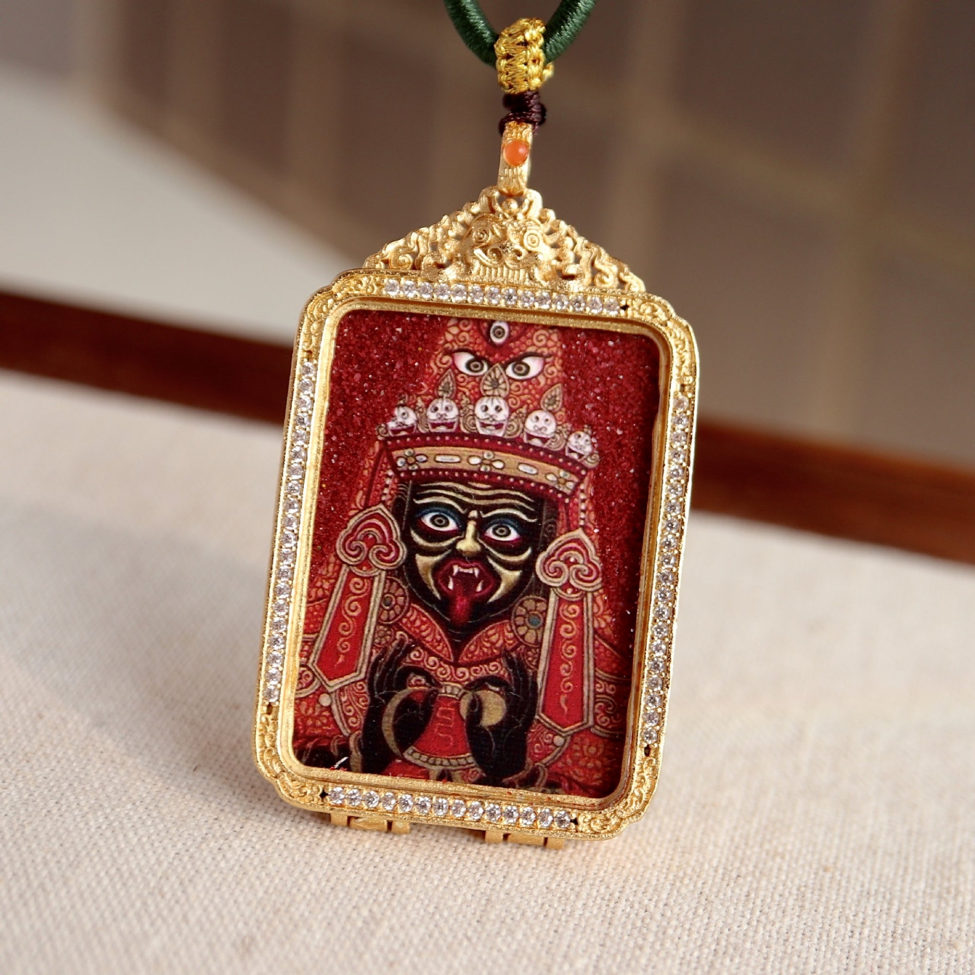 Tibetan Double-Sided Zakiram & Green Tara Thangka Pendant Necklace