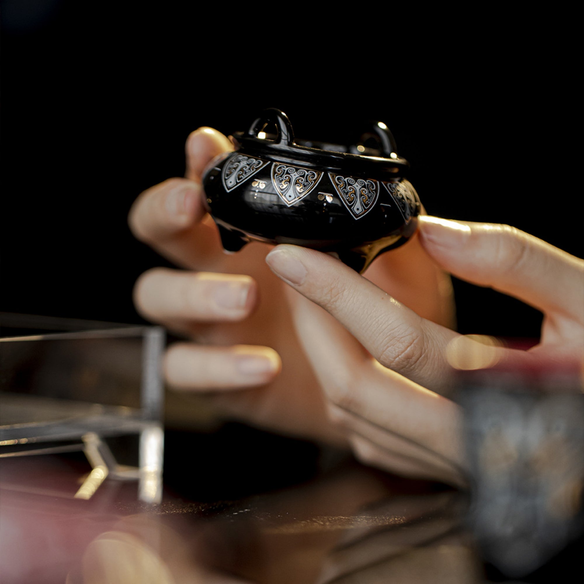 QiLing Aura Incense Burner with Black Glazed Bronze Pattern