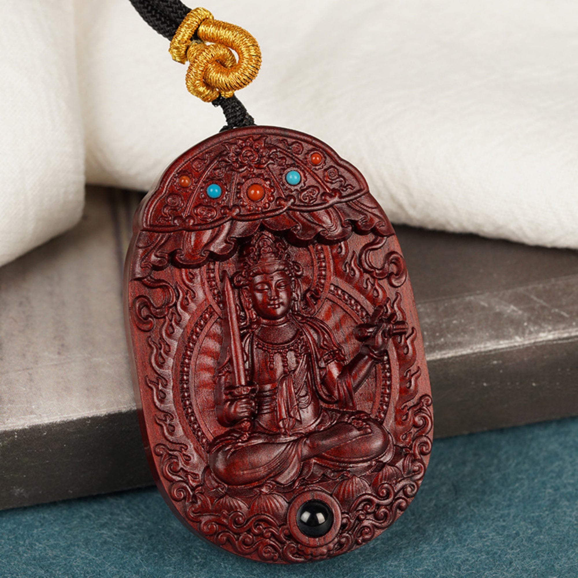 QiLing Aura Hand-Carved Purple Sandalwood Guardian Buddha Pendant Necklace