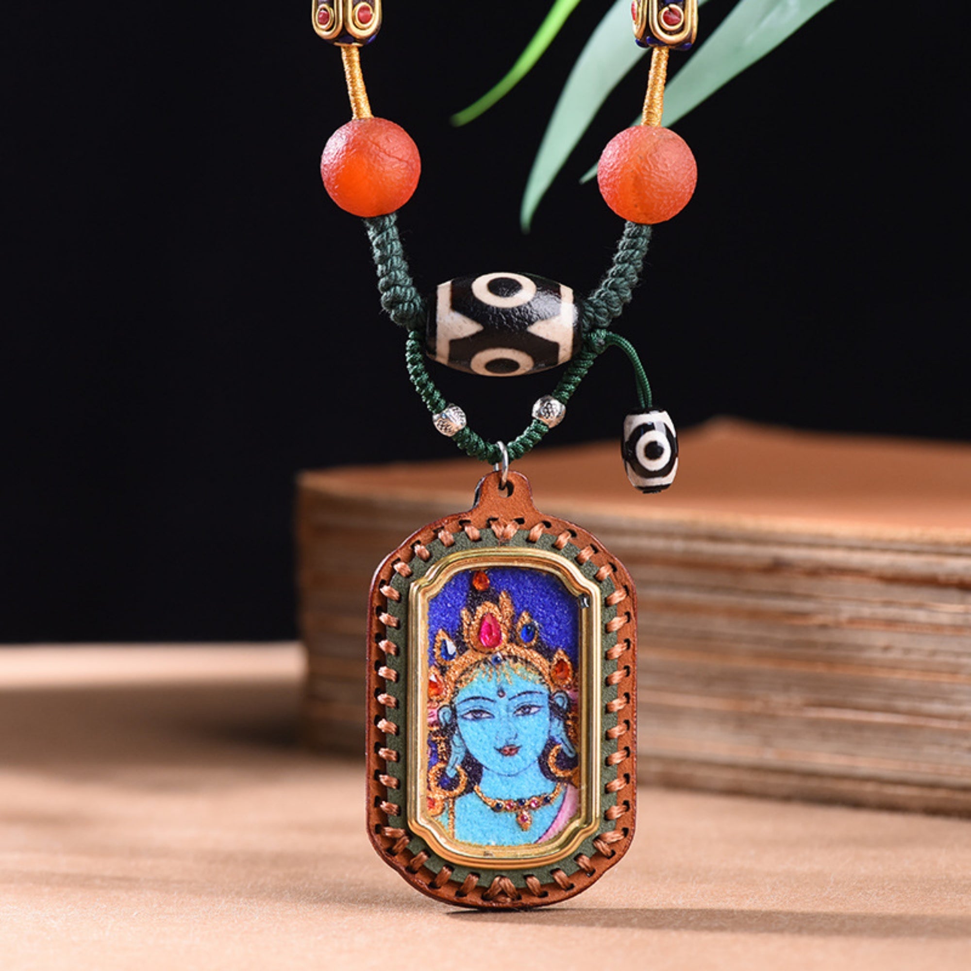 Green Tara Gemstone-Embellished Thangka Necklace