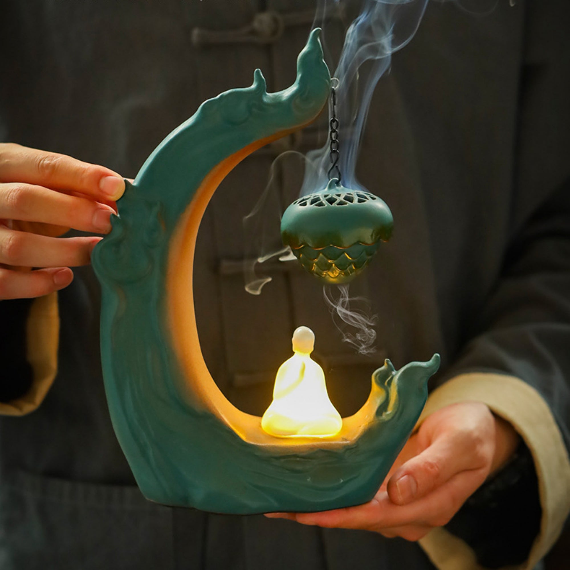 QiLing Aura Zen Monk Ceramic Backflow Incense Burner