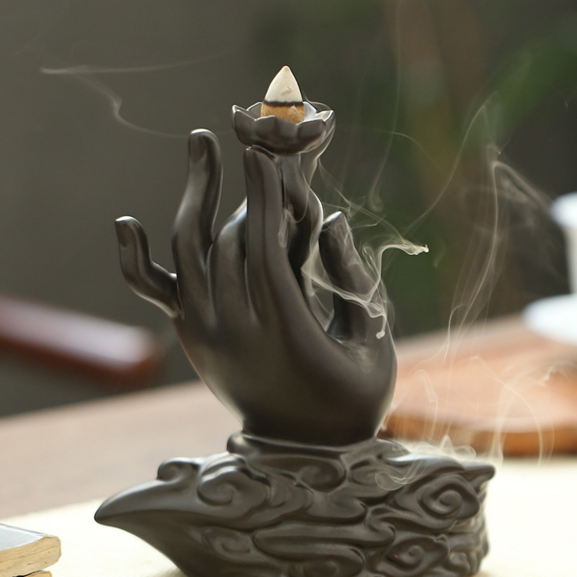 QiLing Aura Buddha Hand Holding Lotus Ceramic Backflow Incense Burner