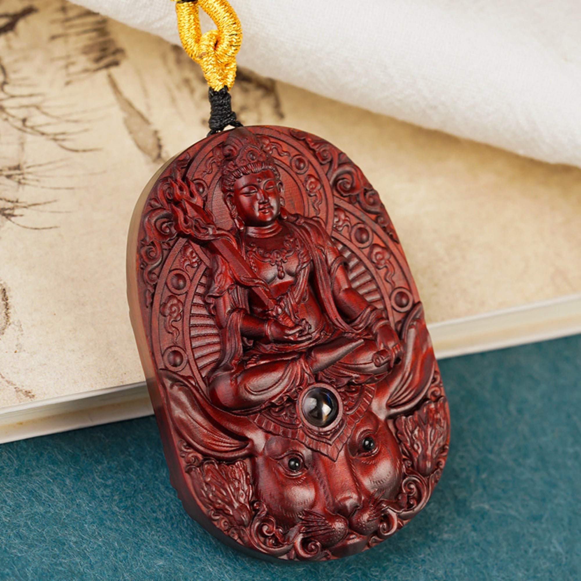 Hand-Carved Sandalwood Zodiac Guardian Buddha Pendant Necklace