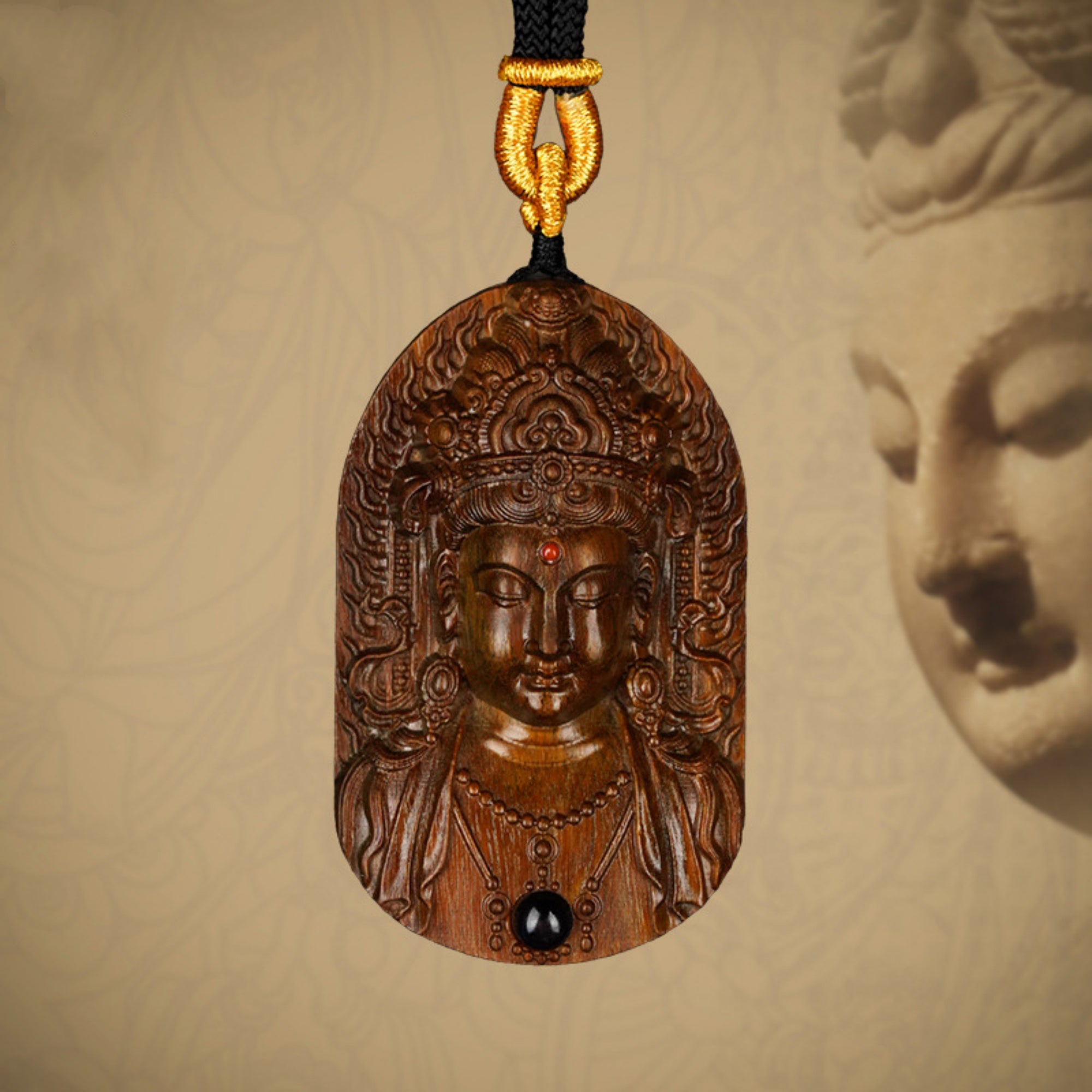 Hand-Carved Sandalwood Green Tara Pendant Amulet Necklace